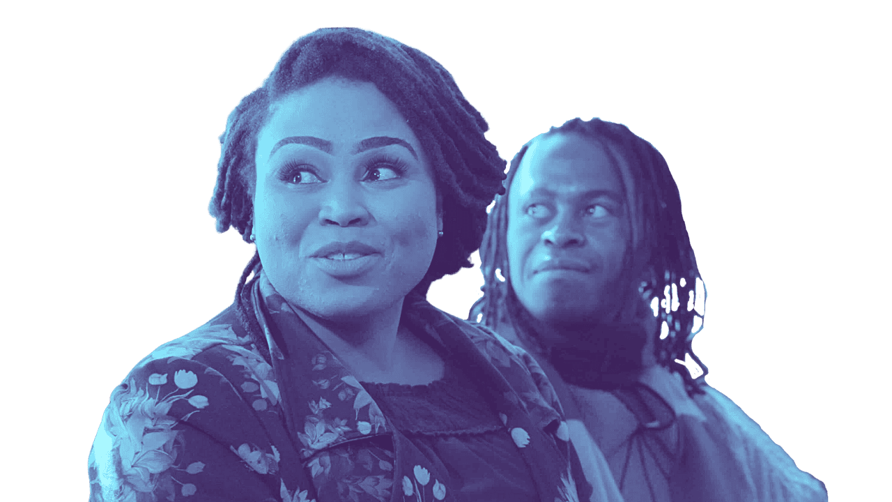 A woman and a man looking in different directions with a dark background, both edited with a blue filter.