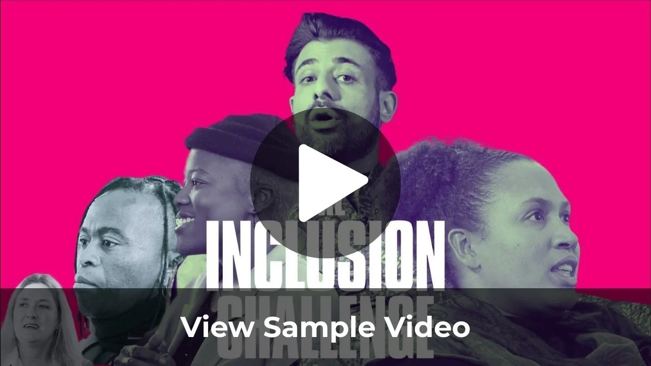 Cover image with diverse group of people, including a woman with curly hair, a man with a beard, and a woman with braided hair, set against a bright pink background. The word "INCLUSION" is prominently displayed in the center. A play button overlays the image, indicating it's a video ready to be viewed.