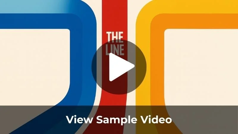 A colorful graphic design with the words "THE LINE" in the center, featuring blue, red, yellow, and beige curved lines.