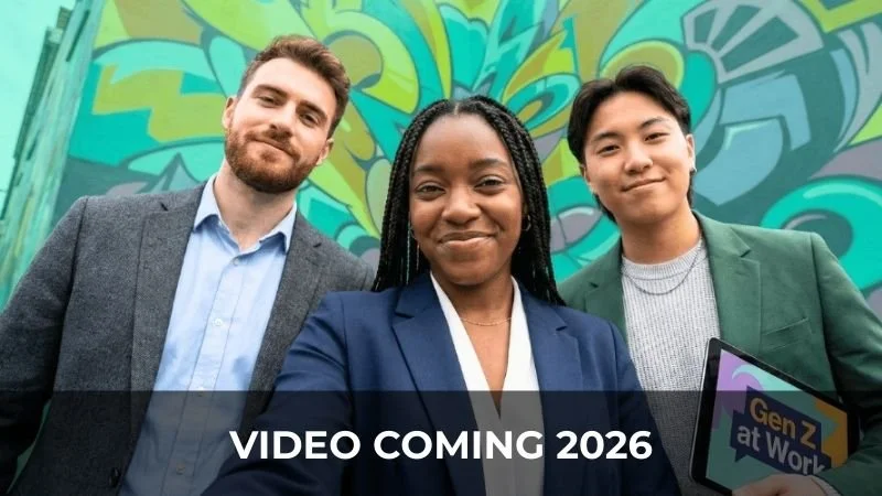 Three diverse young professionals taking a selfie in front of a vibrant graffiti wall, with the text overlay "Video Coming 2026" and a tablet displaying part of a presentation.