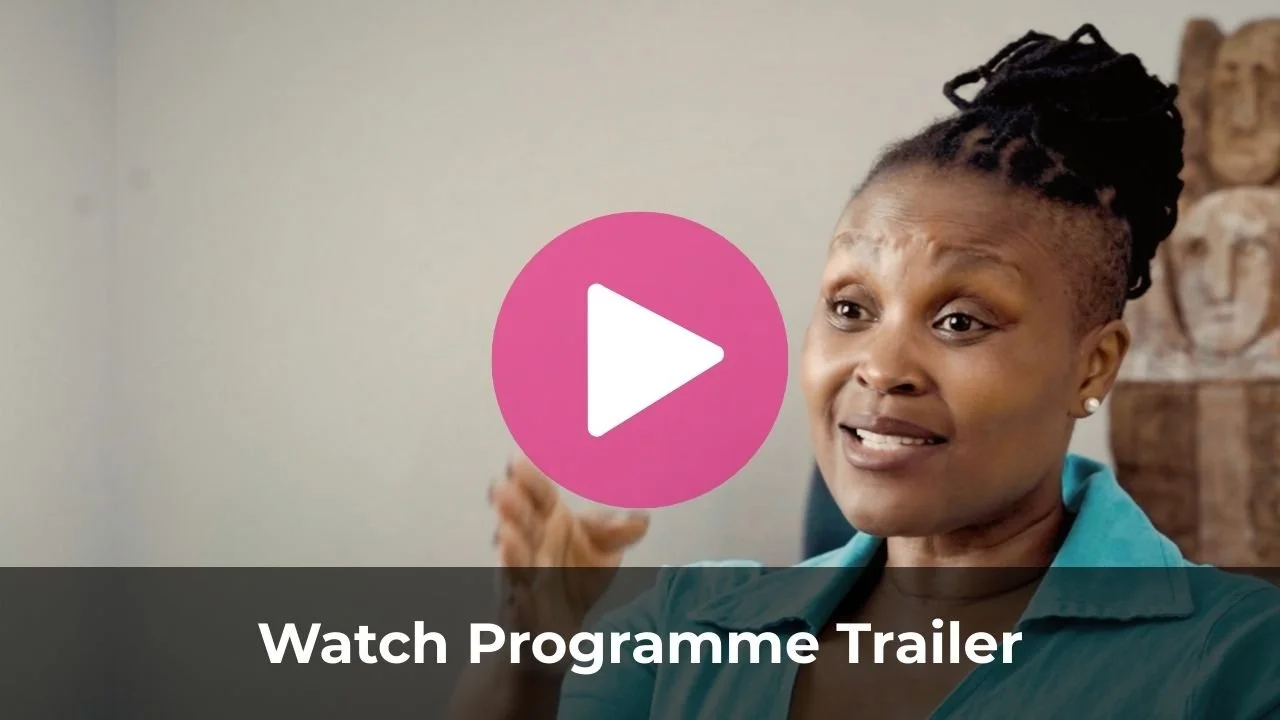 A woman with braided hair speaking in a video, with a pink play button overlay and text that says "Watch Programme Trailer".
