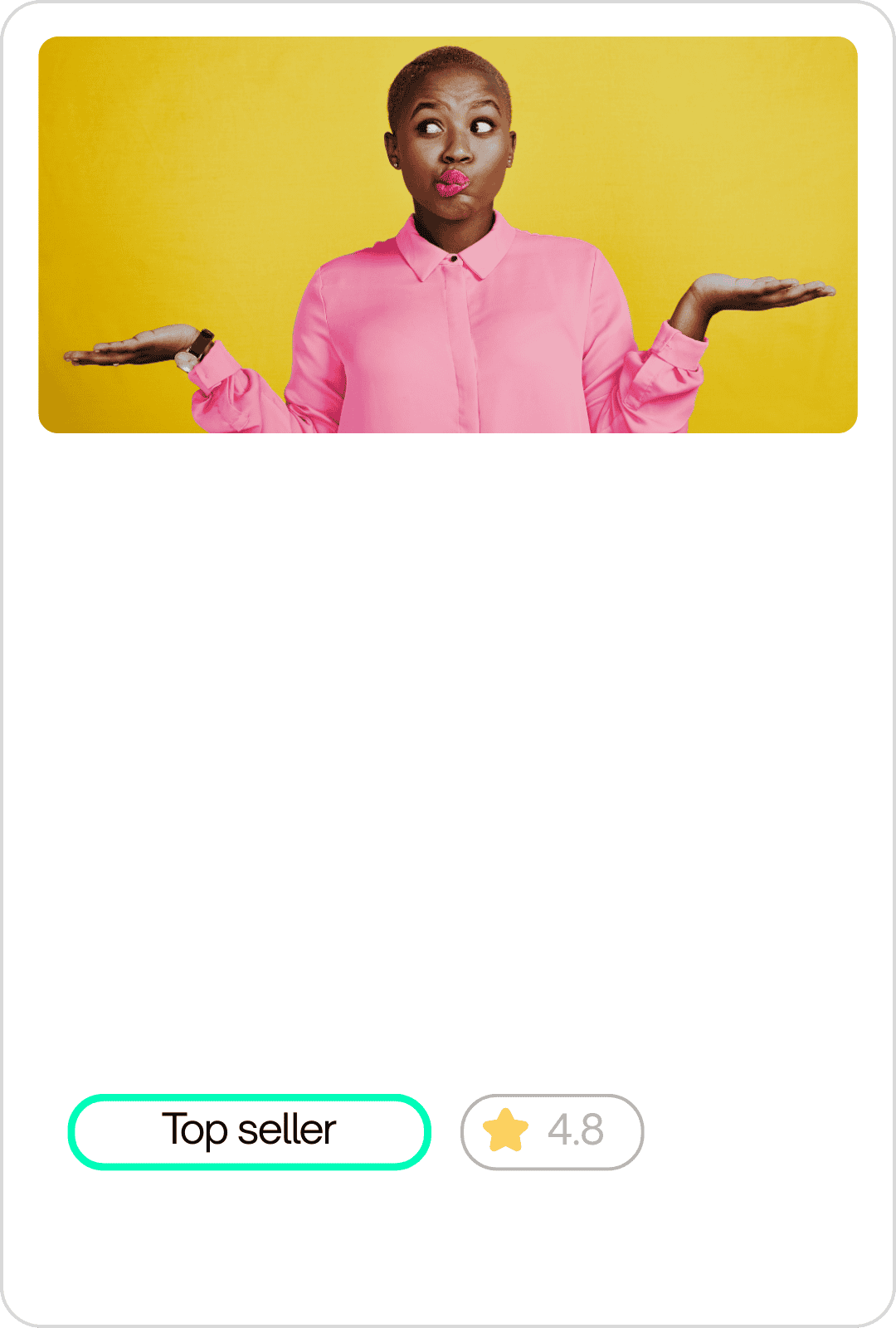 A woman with short hair wearing a pink shirt and making a puzzled expression with her lips puckered, against a bright yellow background, with her arms out to the sides and palms up.