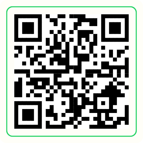 A black and white QR code with a green border.