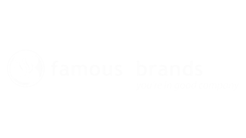 Logo for Famous Brands with a steaming cup icon and the text 'famous | brands you're in good company' in white on a black background.