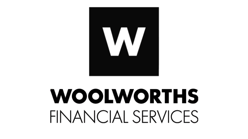 Woolworths Financial Services logo with a black background, large 'W' inside a square, and the company name below.