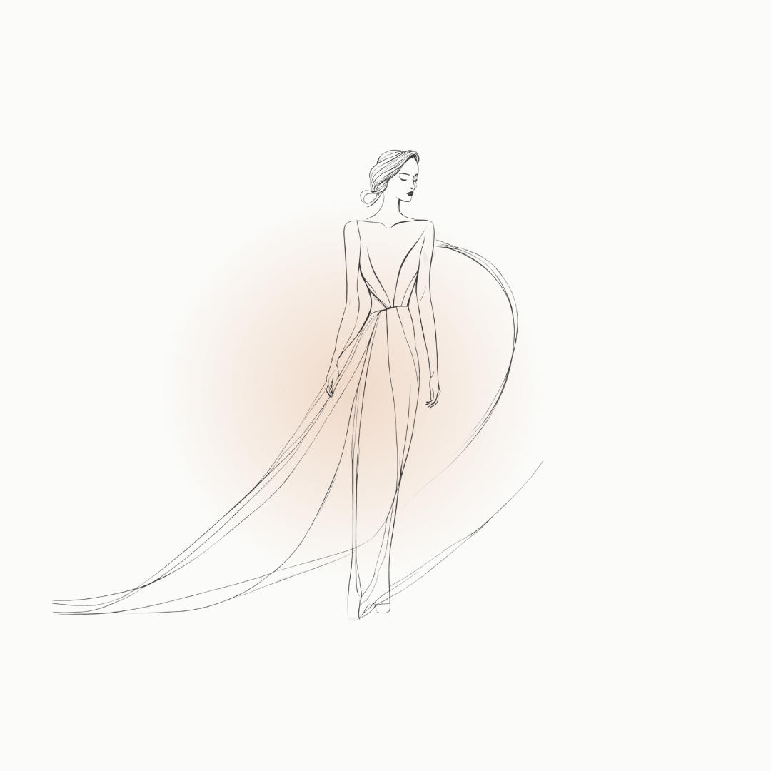 Sketch of a perimenopause woman in an elegant dress with a flowing train