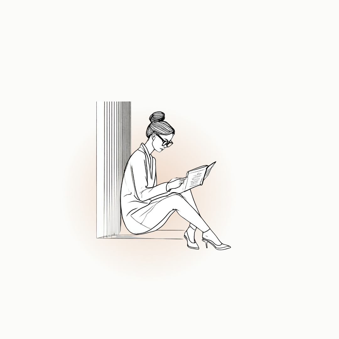 Illustration of a perimenopause woman in business attire sitting and reading against a wall