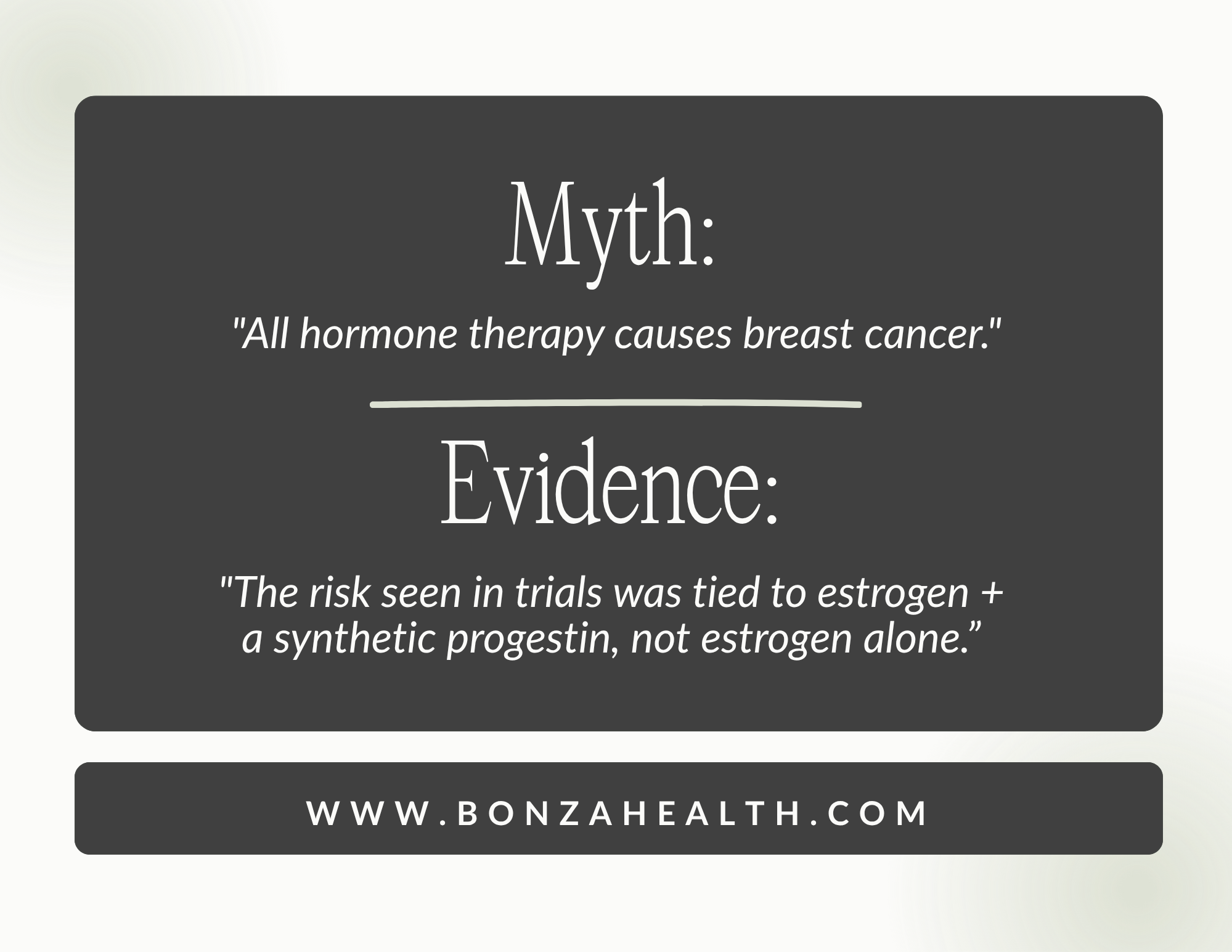 In reality, the risk seen in trials was tied to estrogen plus a synthetic progestin, not estrogen alone