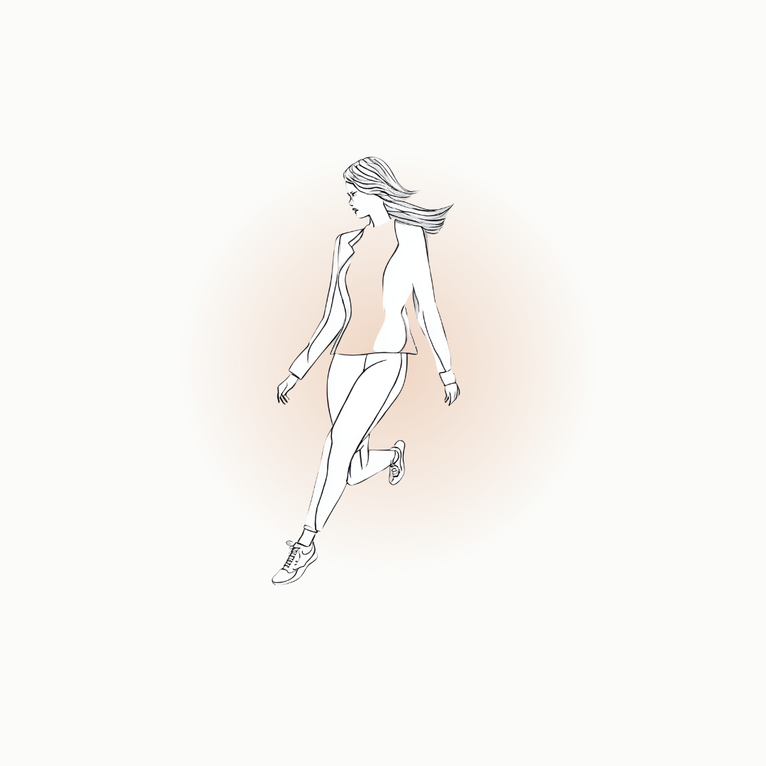 Line drawing of a person in motion with flowing hair and casual attire.
