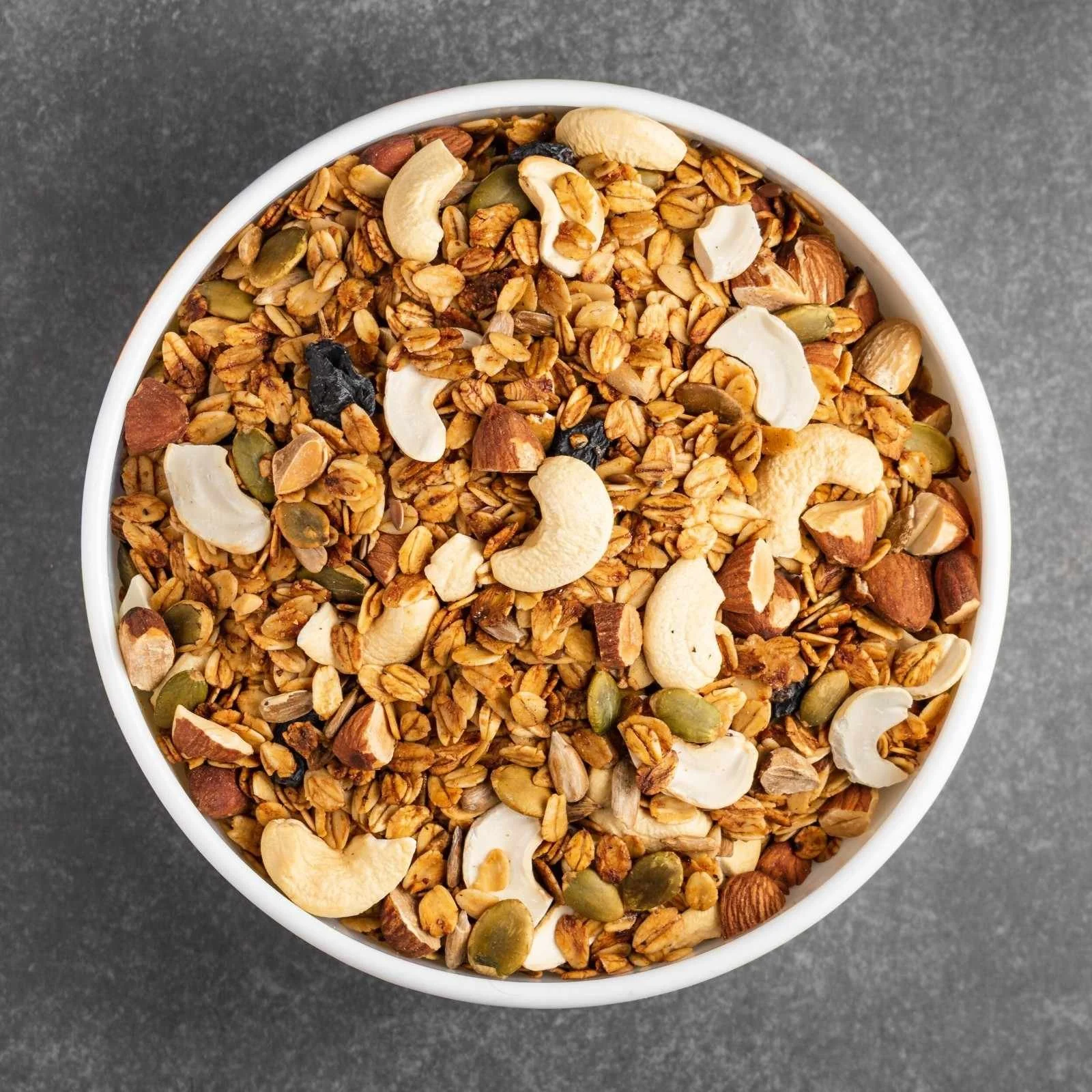 Bowl of granola with cashews, almonds, and seeds