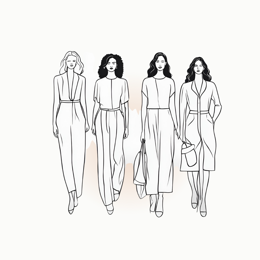 Illustration of four women in stylish outfits walking side by side.