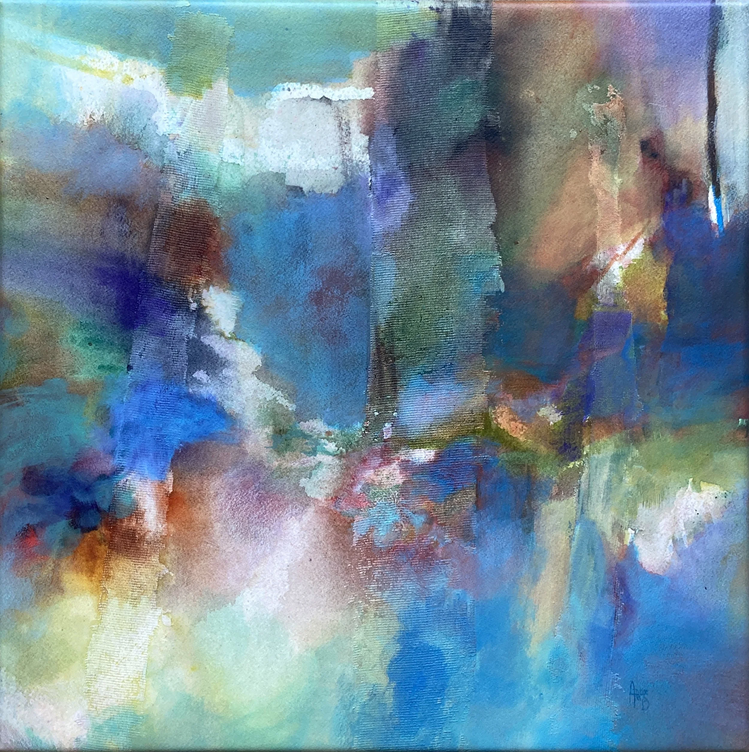 Au-delà, 50x50cm, 2025 ( gesso, aquarelle, et acrylique sur papier monté sur châssis et vernis)