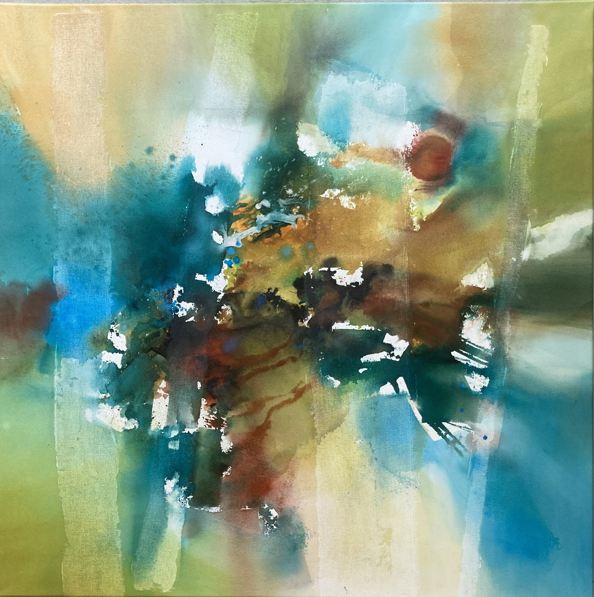 Lune rousse, 100x100cm, 2026 ( gesso et aquarelle sur papier monté sur châssis et vernis)