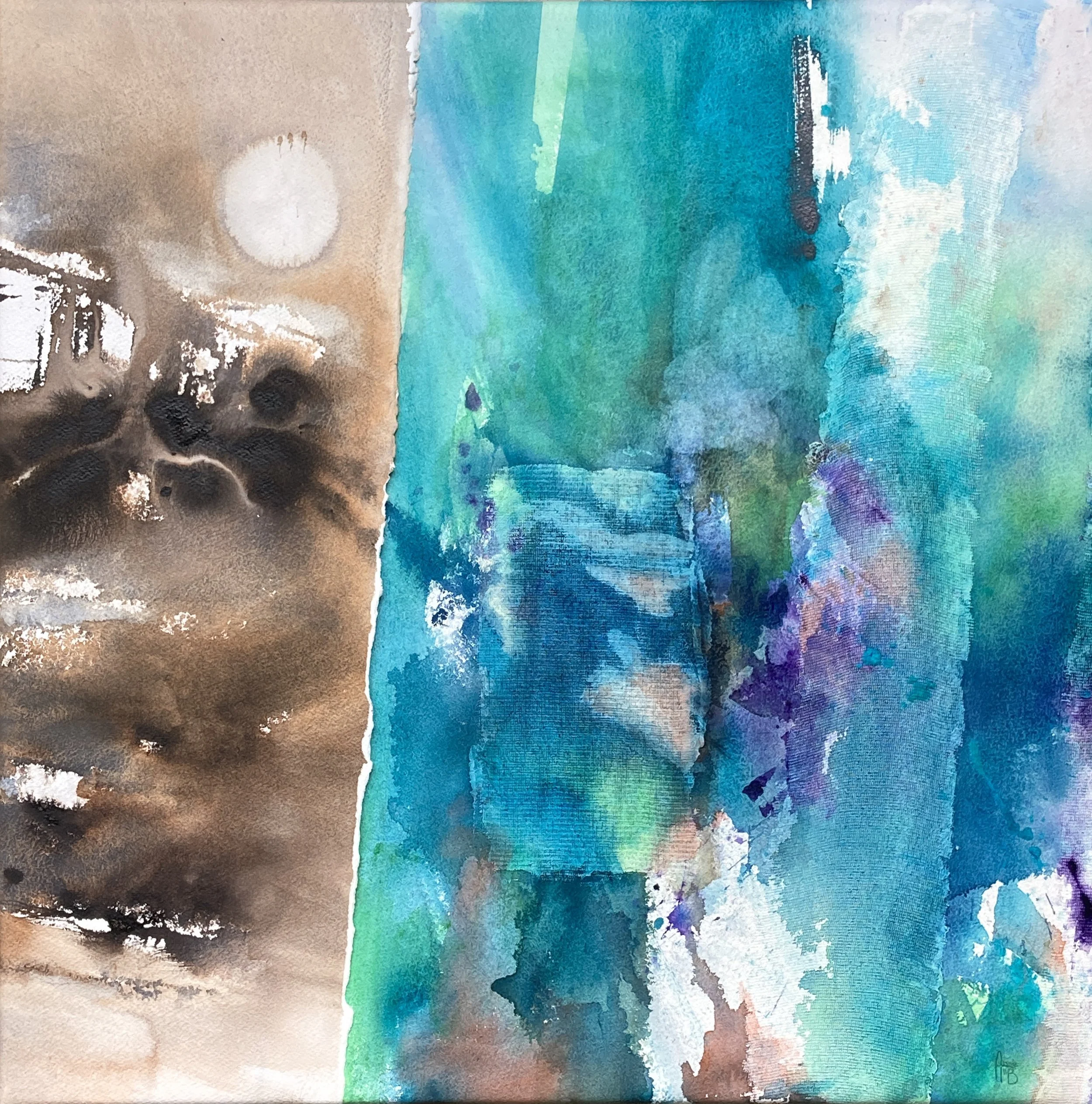 Lune blanche, 60x60cm, 2024 ( collage gesso et aquarelle sur papier monté sur châssis et vernis)