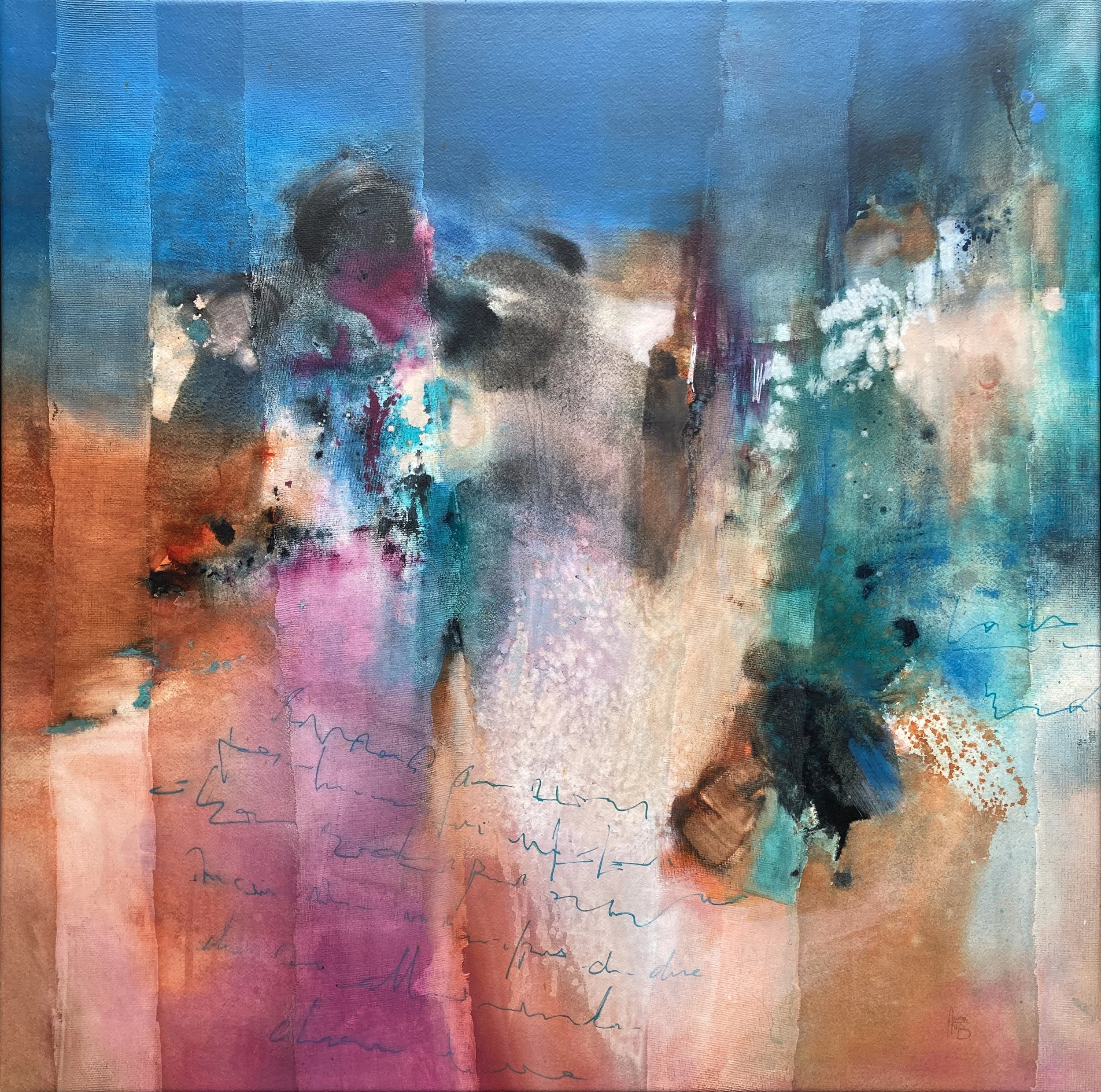 Correspondance, 80x80cm, 2023 ( gesso, aquarelle, acrylique, poscas et feutre sur papier monté sur châssis et vernis)