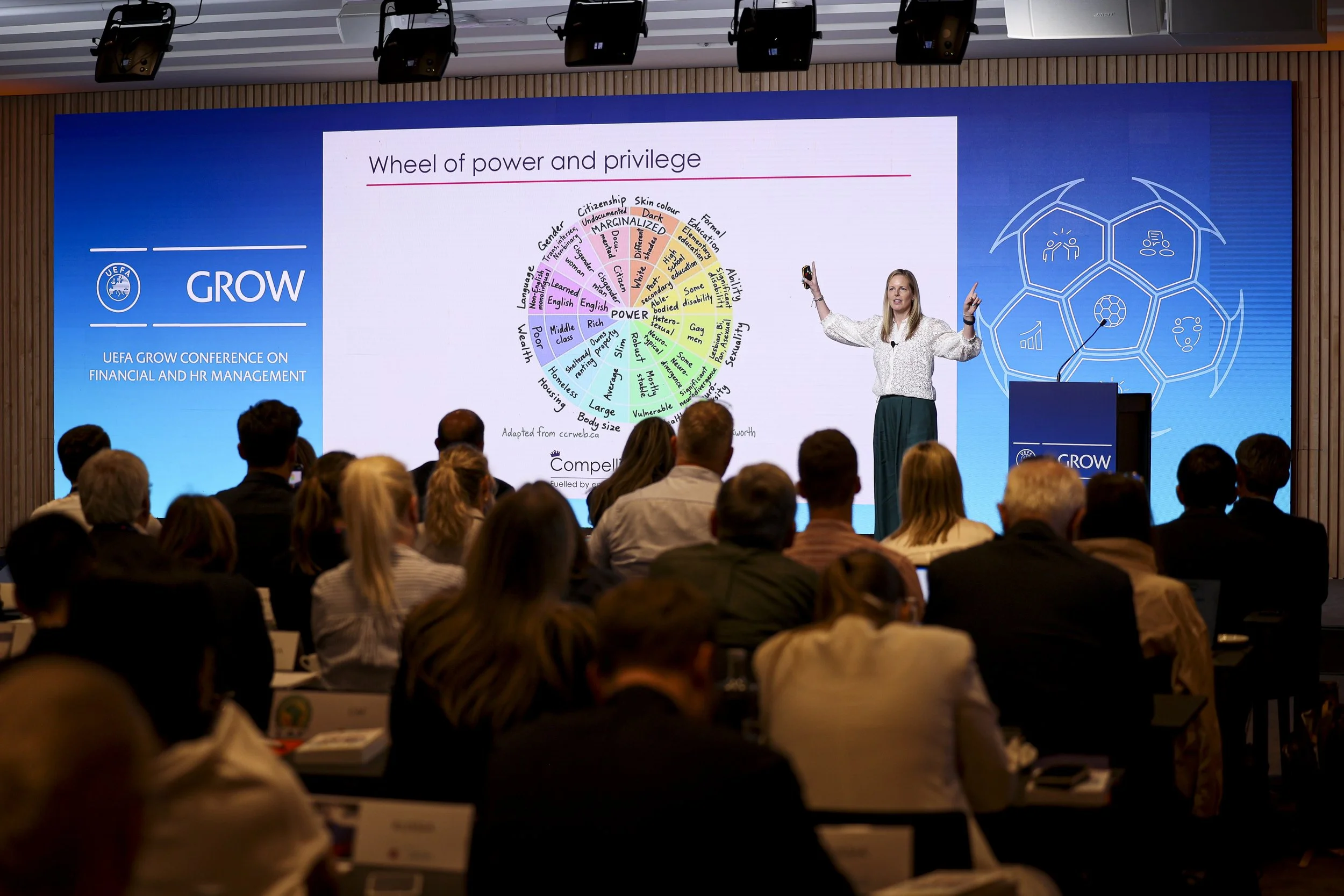 Catherine on stage at the UEFA conference