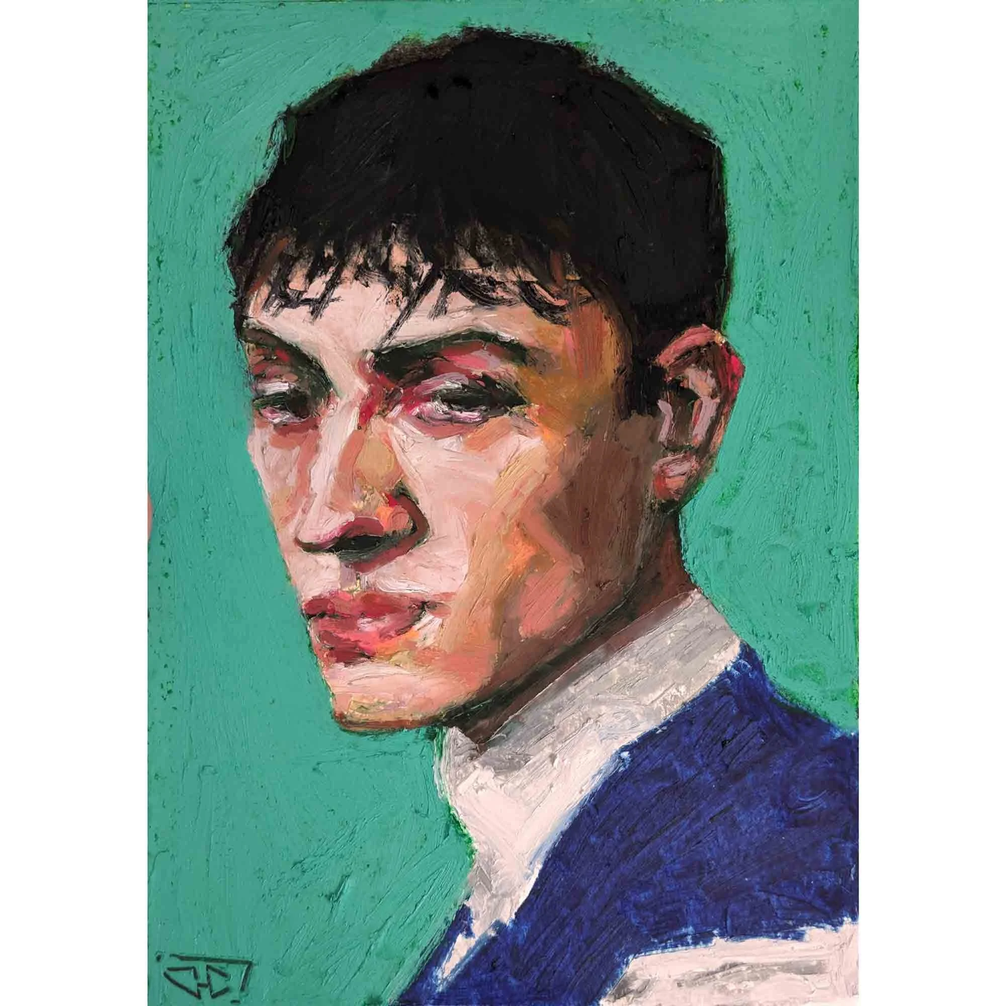 "Jean-Eudes adore juger tout le monde alors qu'il s'épile les sourcils" pastels à l'huile sur papier 29,7x21 cm - 11,7x8,3 in, 2025