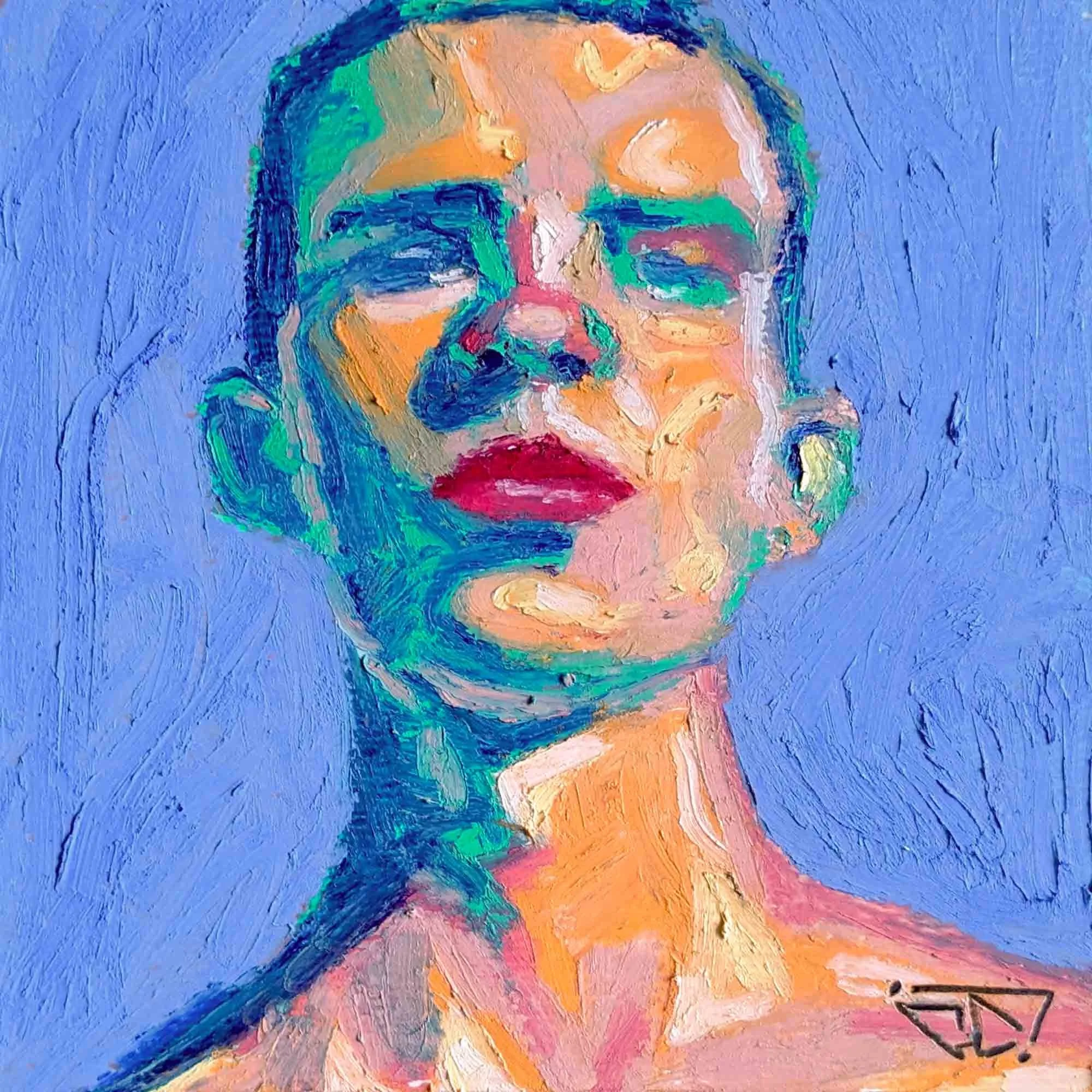 "Tu viens dans l'eau?" pastels à l'huile sur papier 13x13 cm - 5,1x5,1 in, 2024