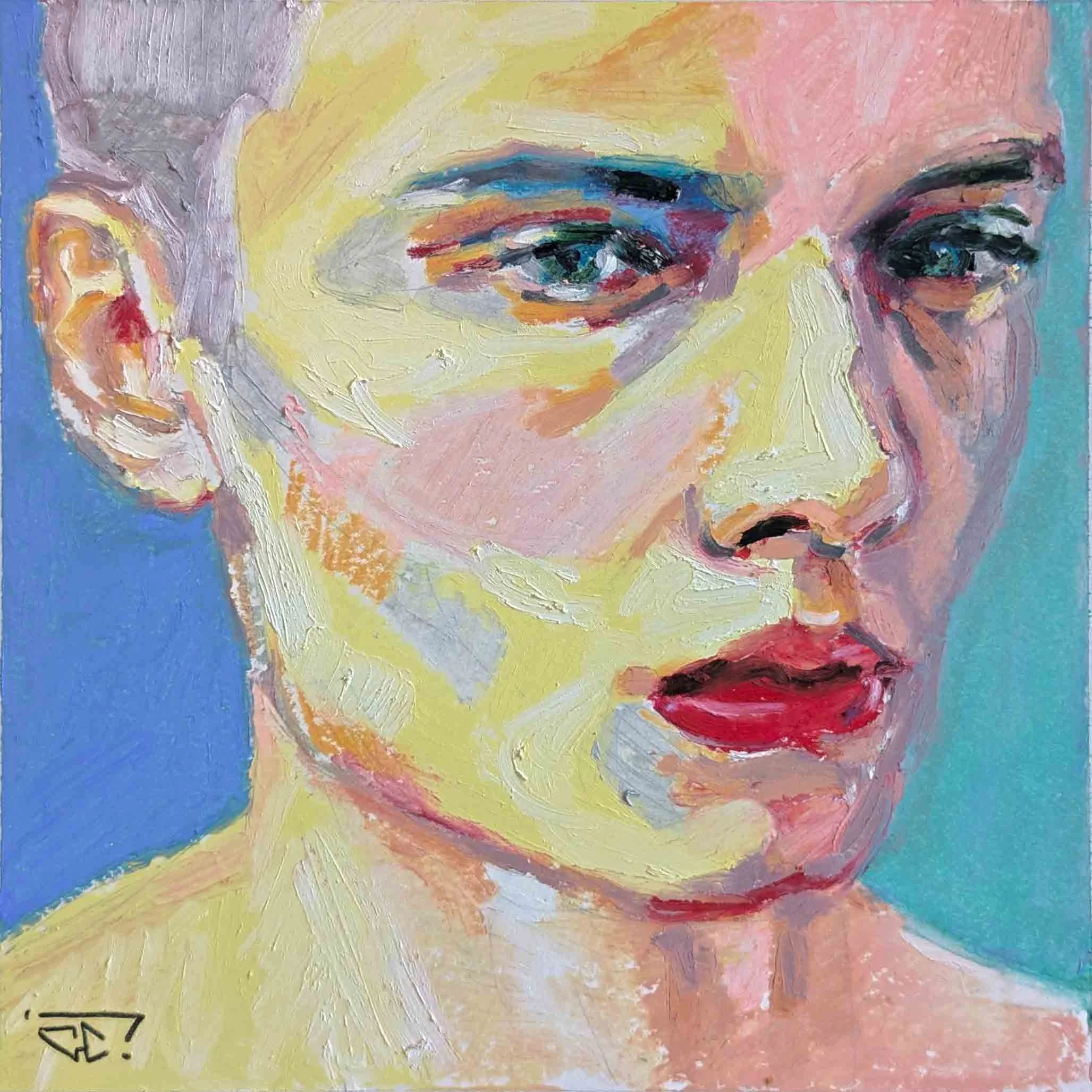 "Dino vient de se rappeler qu'il a oublié l'anniversaire de sa copine et comprend maintenant pourquoi elle fait la gueule" pastels à l'huile sur papier 19x19cm - 7,5x7,5 in, 2024