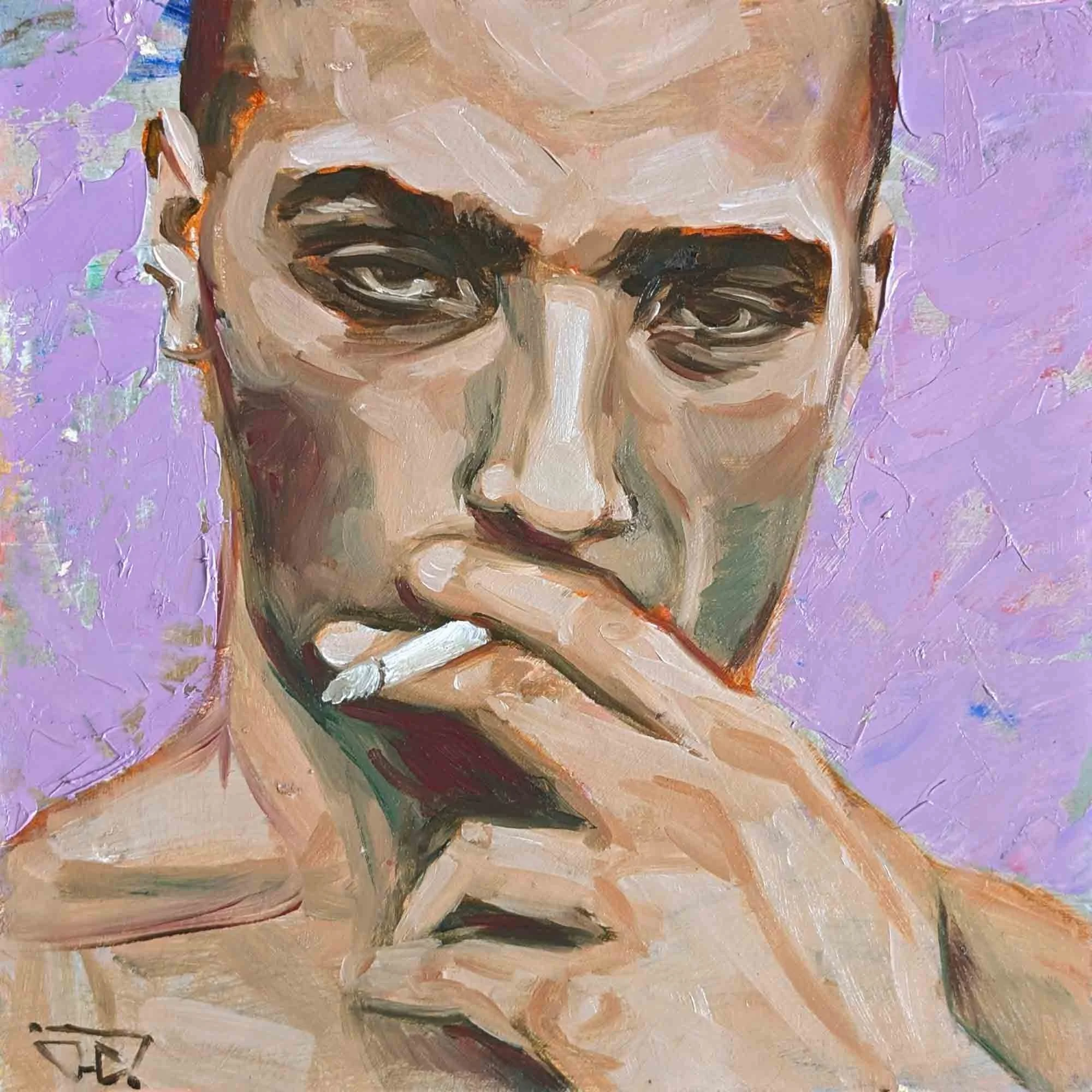 "Assied-toi là", huile sur carton-bois 20x20 cm - 7,9x7,9 in, 2024