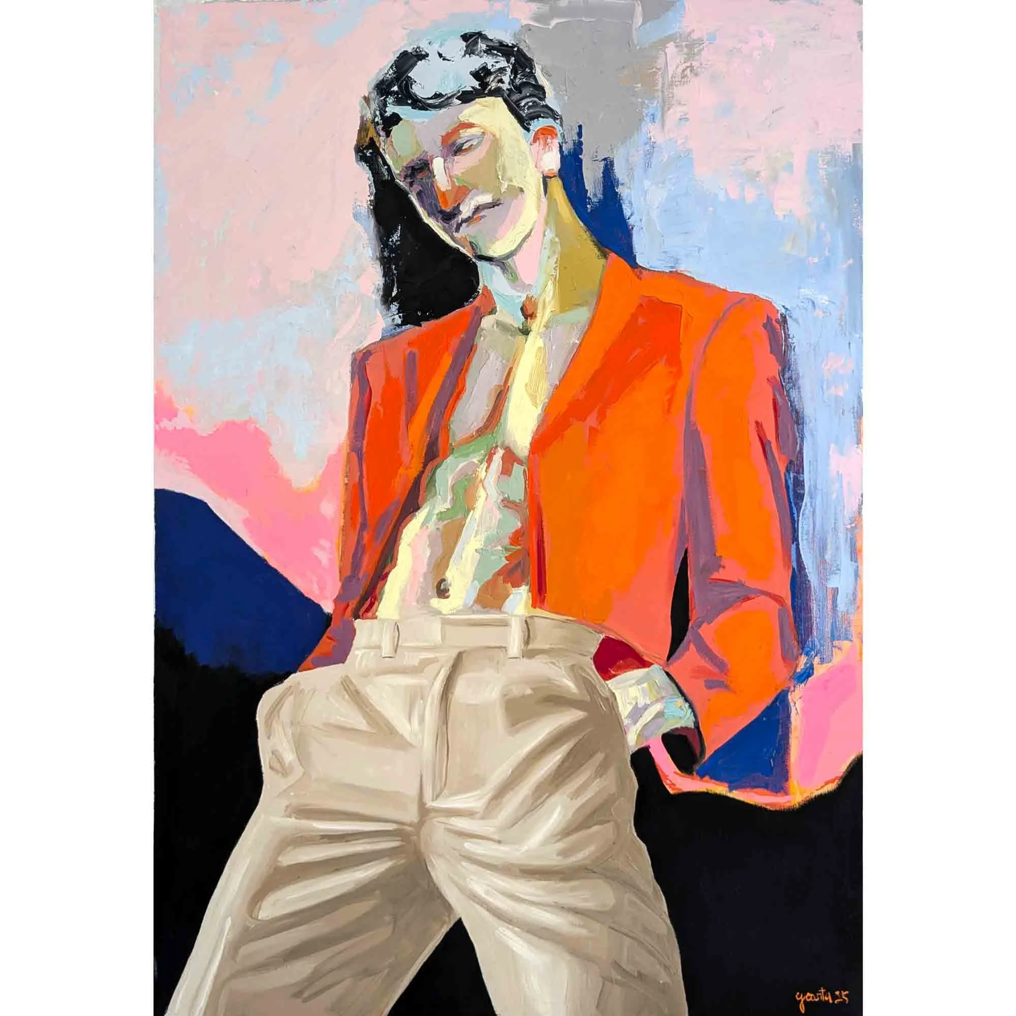 Peinture d'une femme avec une veste rouge-orange, pantalon beige et cheveux noirs, fond coloré en rose, bleu et gris, style artistique expressif.