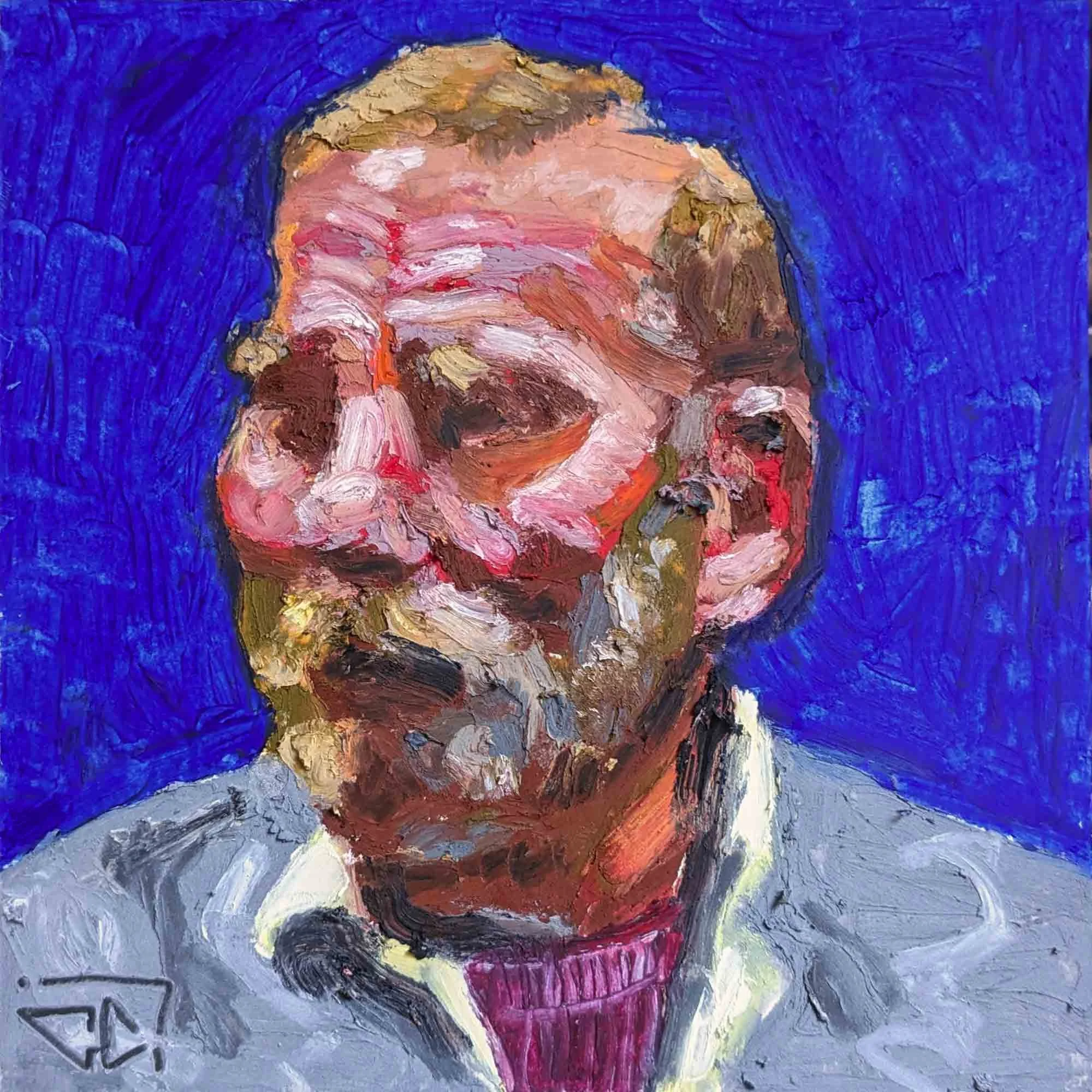 "Claudy aimait pécher le mérou" pastels à l'huile sur papier 13x13 cm - 5,1x5,1 in, 2024