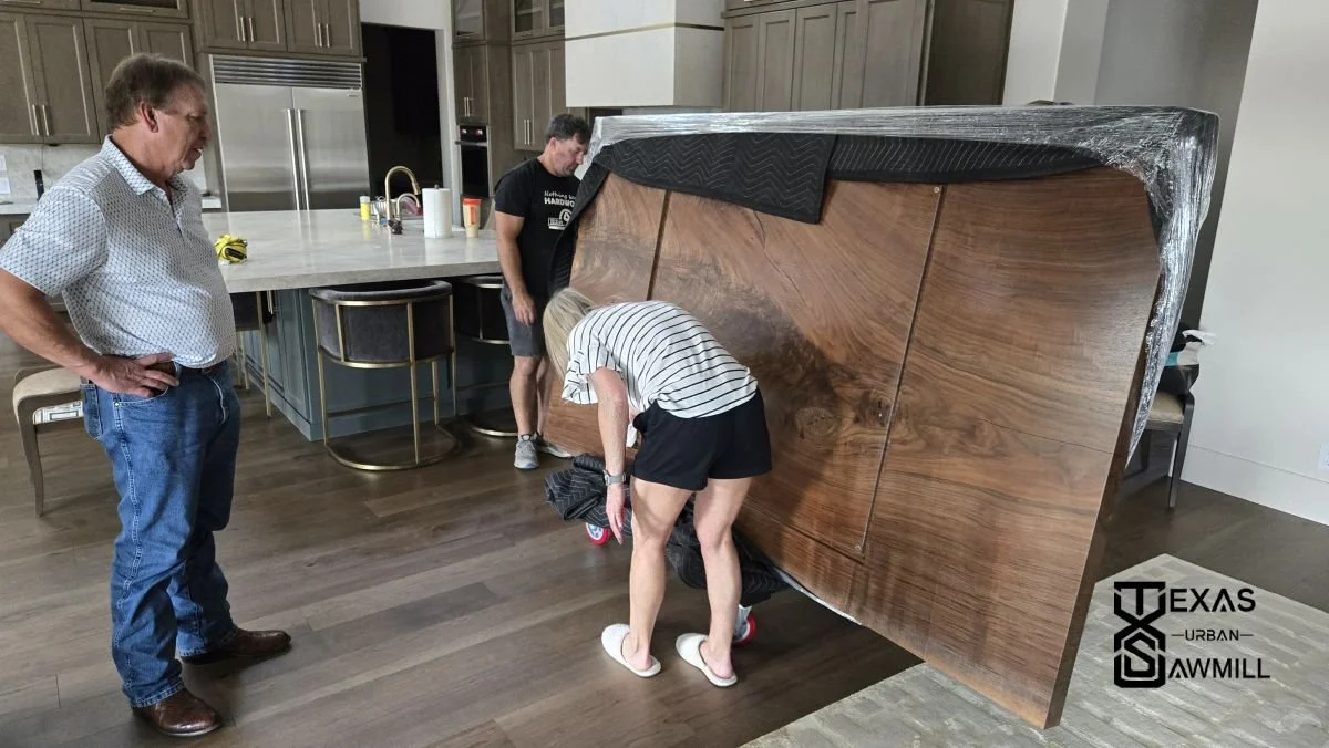 Installing this dining table in the newly constructed home took nearly three hours. The base alone weighs over 500 lbs, and combined with the solid 3-inch walnut top, the finished table tips the scales at approximately 800 lbs!