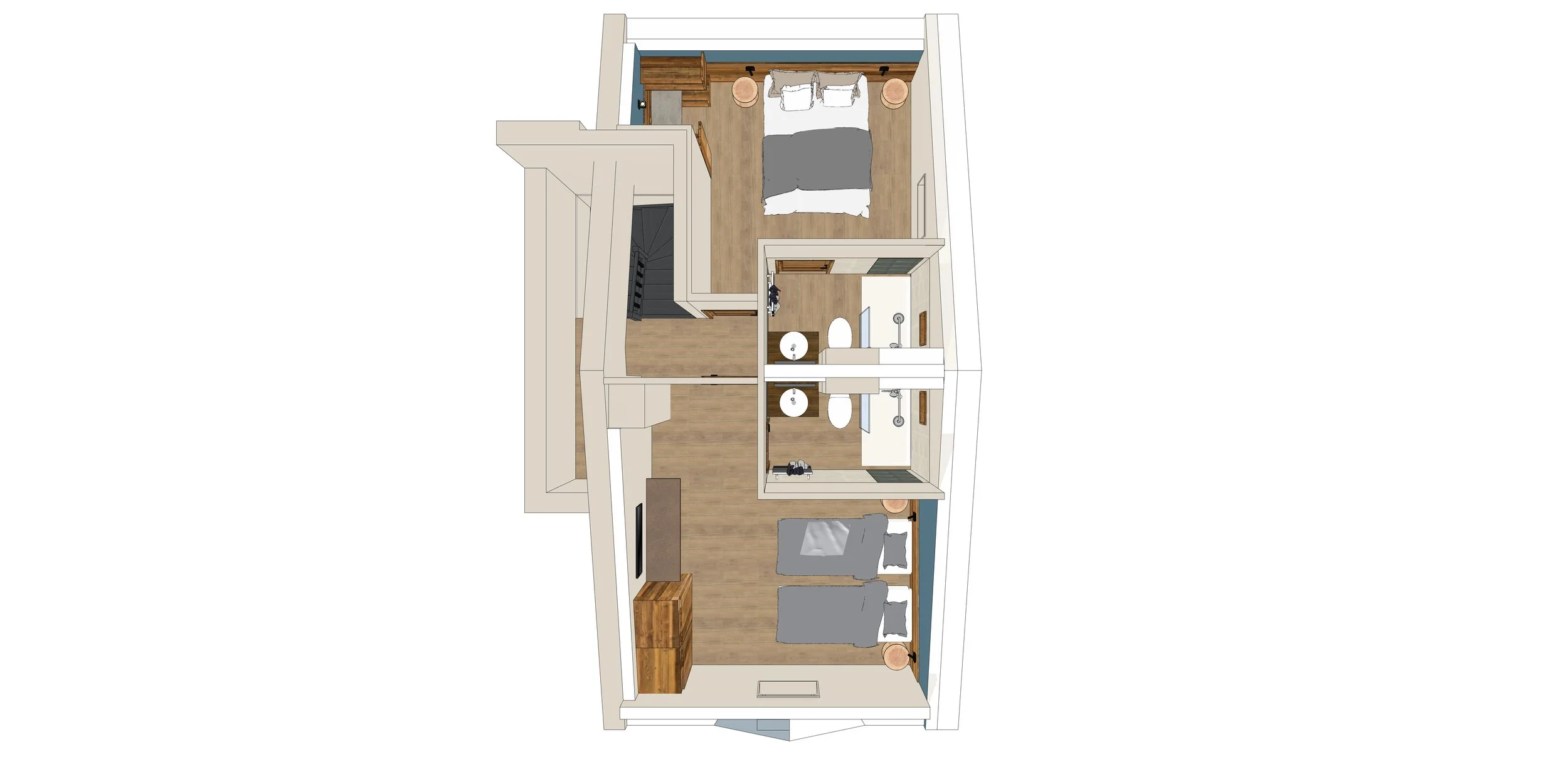 Plan d'un appartement avec deux chambres, une salle de bain, et un couloir.