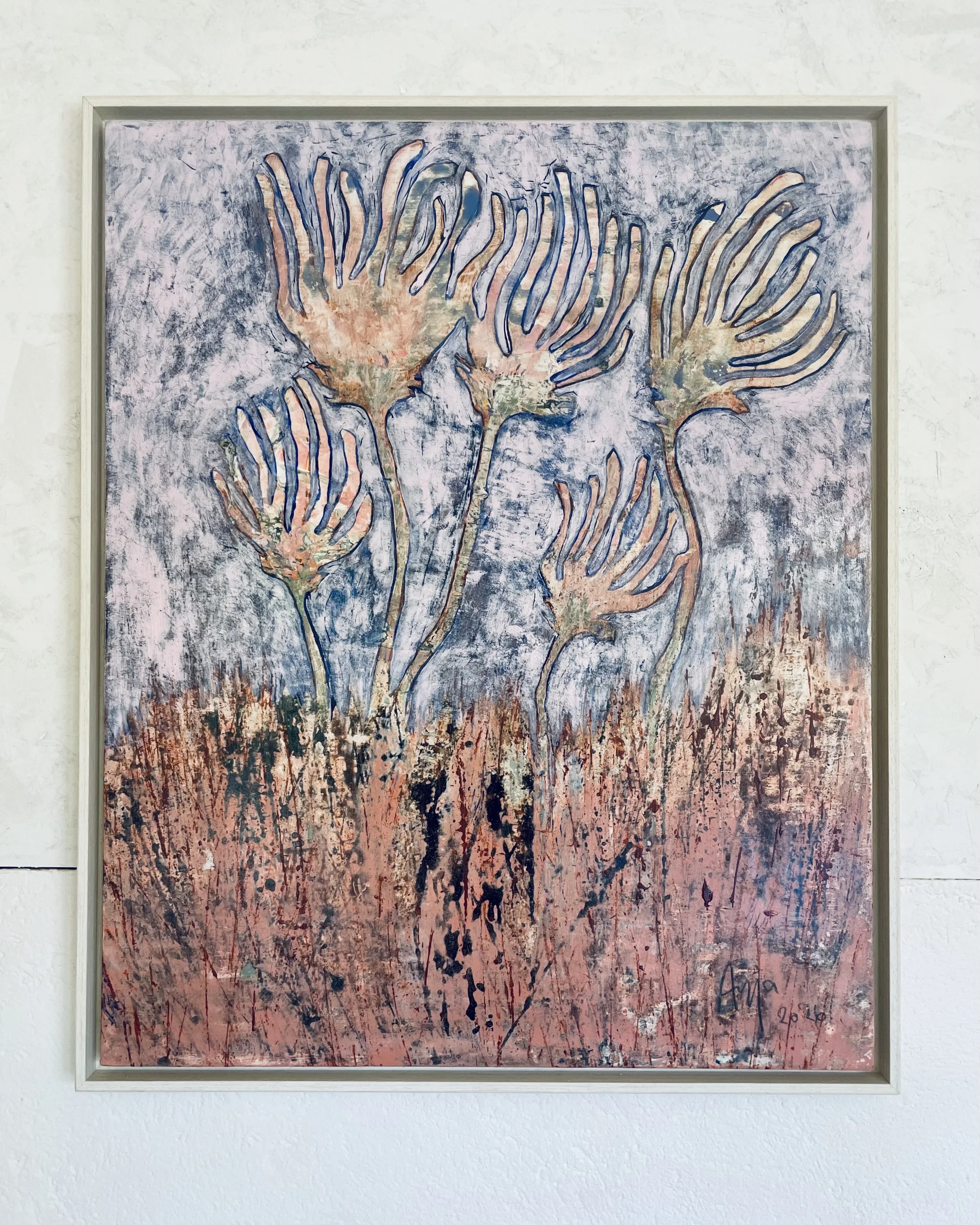 "Out of the Fields" mixed media on wooden panel. 65x80 cm. 2026 Price: 1800€
