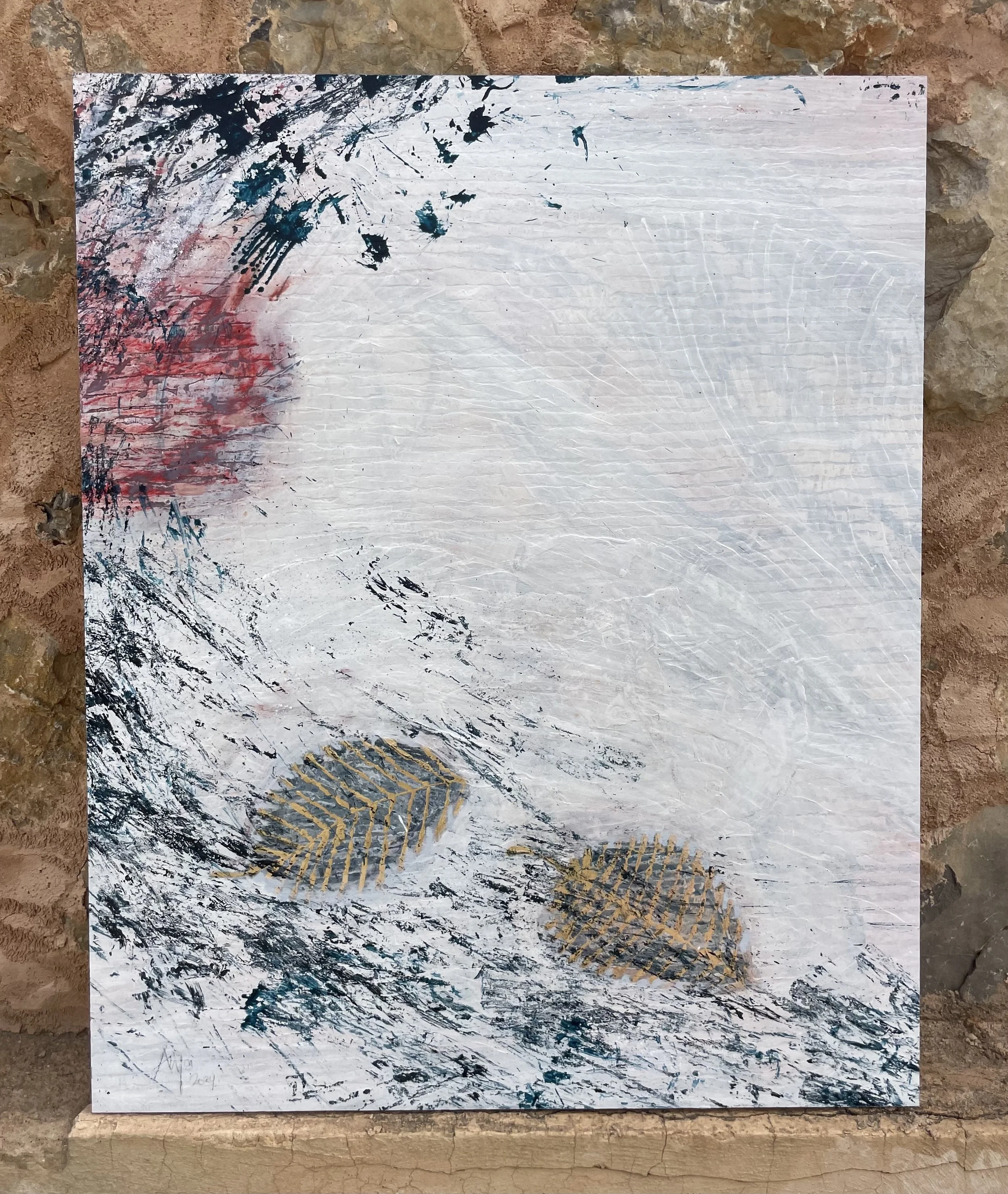 "Will the Sun set", Mixed media on wooden panel, 65x80 cm. 2024. Price: 1500€