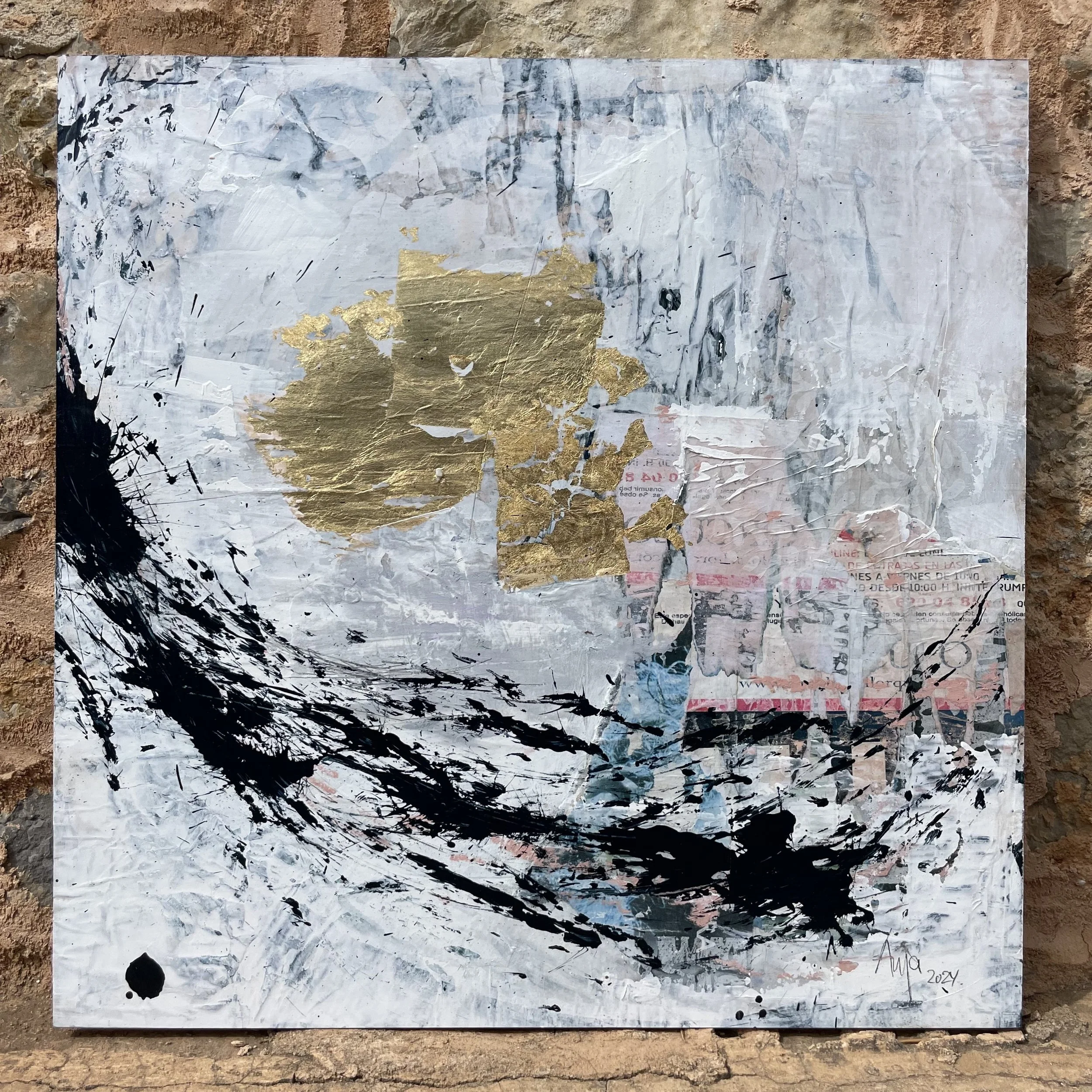 "New WindsBlowing", Mixed media on wooden panel. 65x65 cm. 2024. Price: 1500€