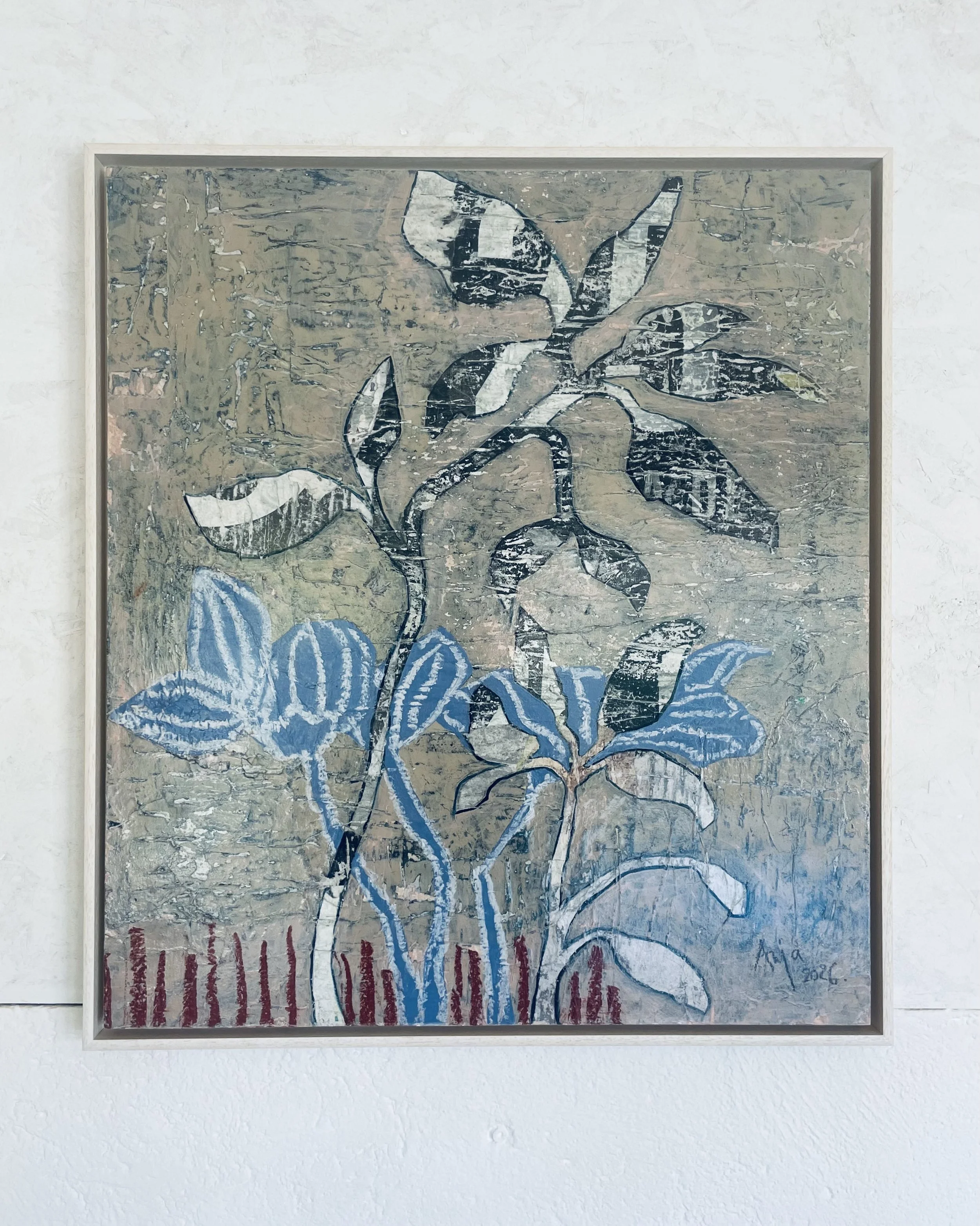 "Memories of the Soil" mixed media on wooden panel. 60x70 cm. 2026 Price: 1500€