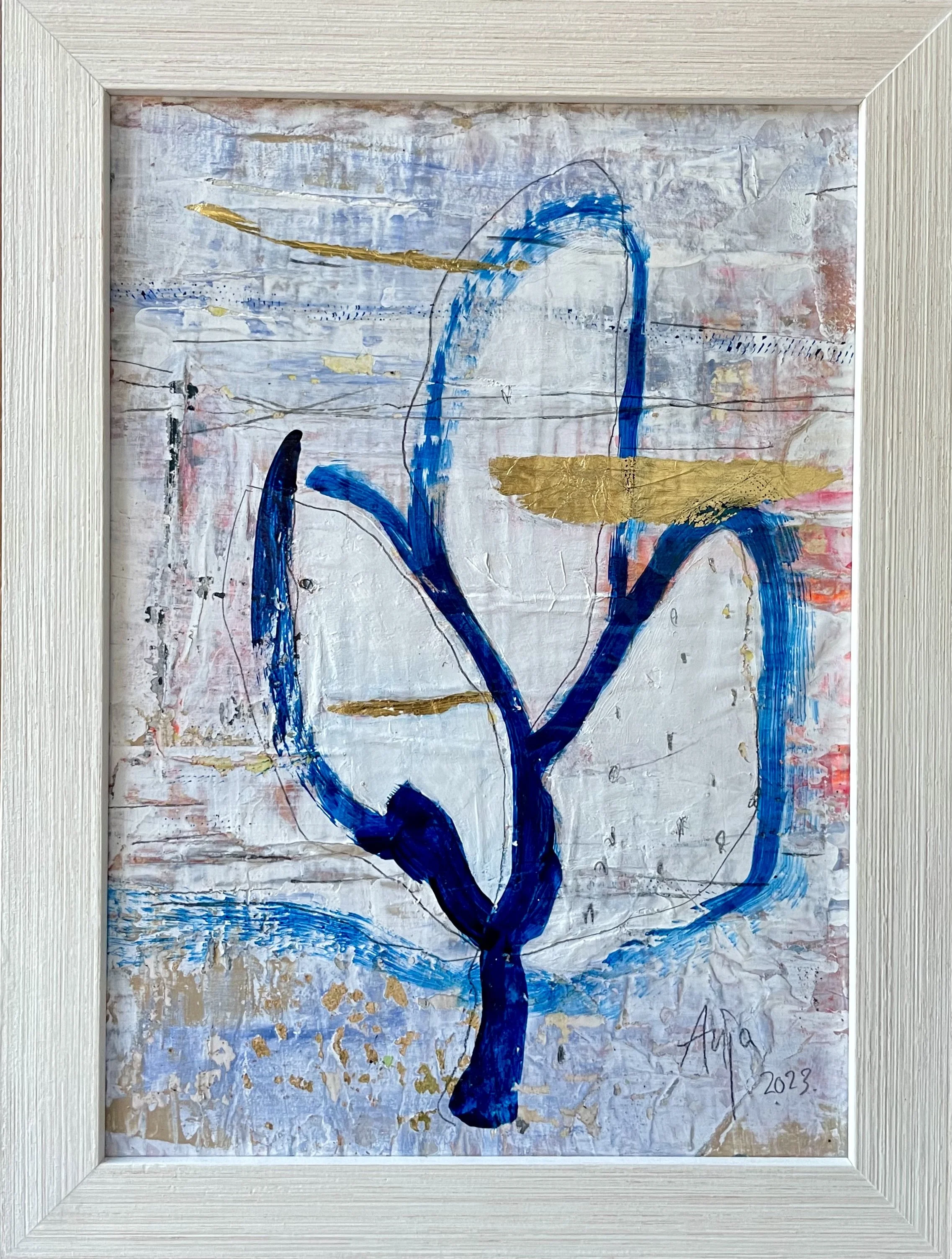 "New beginnings" mixed media on wooden panel, 36x48 cm. 2023. 400€