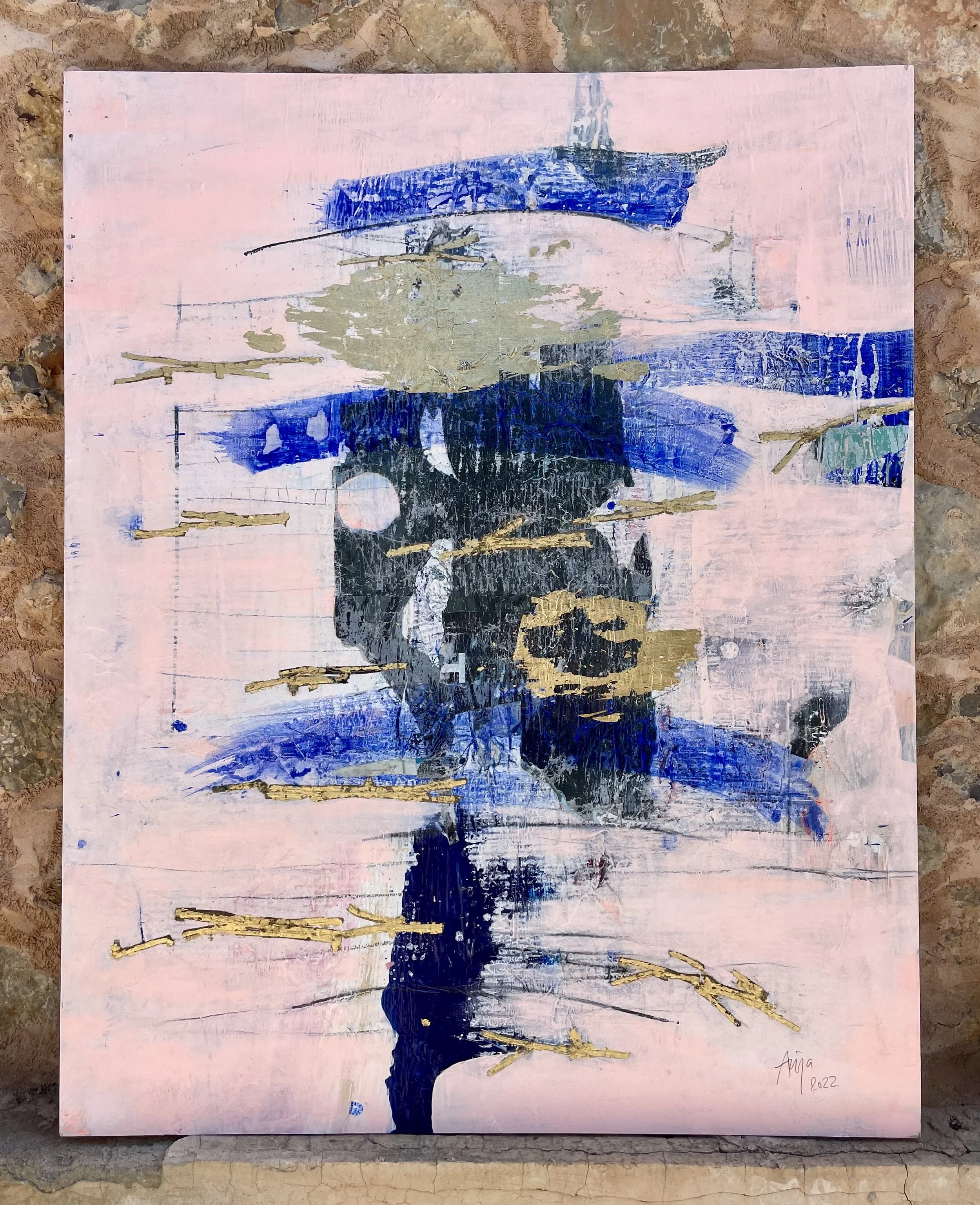 "The Blue Ladder", Mixed media on wooden panel. 96x120 cm. 2022. Price: 3000€