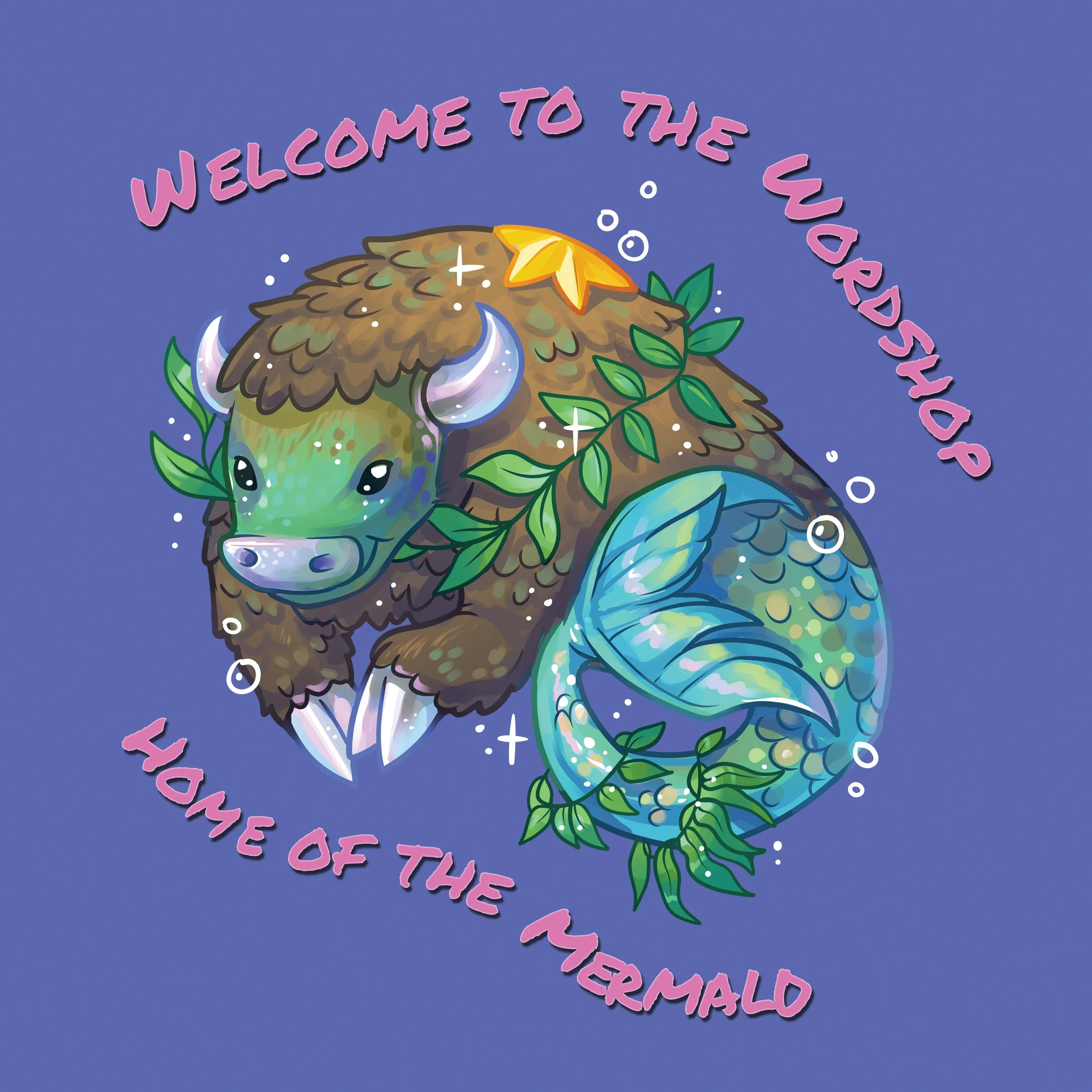 cartoon of an animal that has a buffalo's upper body and a mermaid tail.