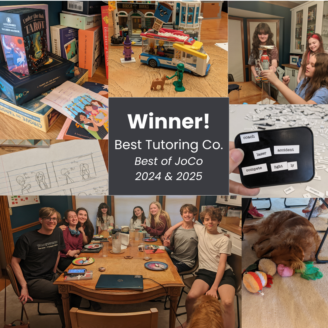 A college of photos that depict decks of tarot cards, a Lego ice cream truck magnetic poetry, a sleeping golden retriever, and smiling teenagers.