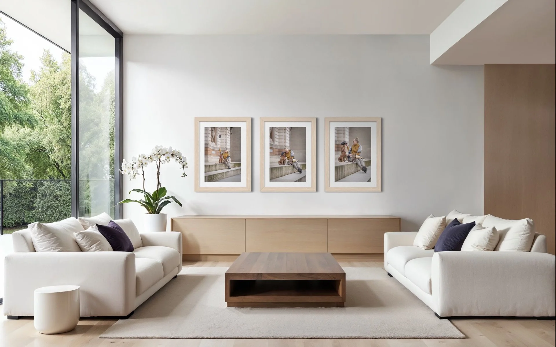 Three framed portraits of a woman playing with her doodle during a London dog photography session, displayed together in a bright contemporary living room