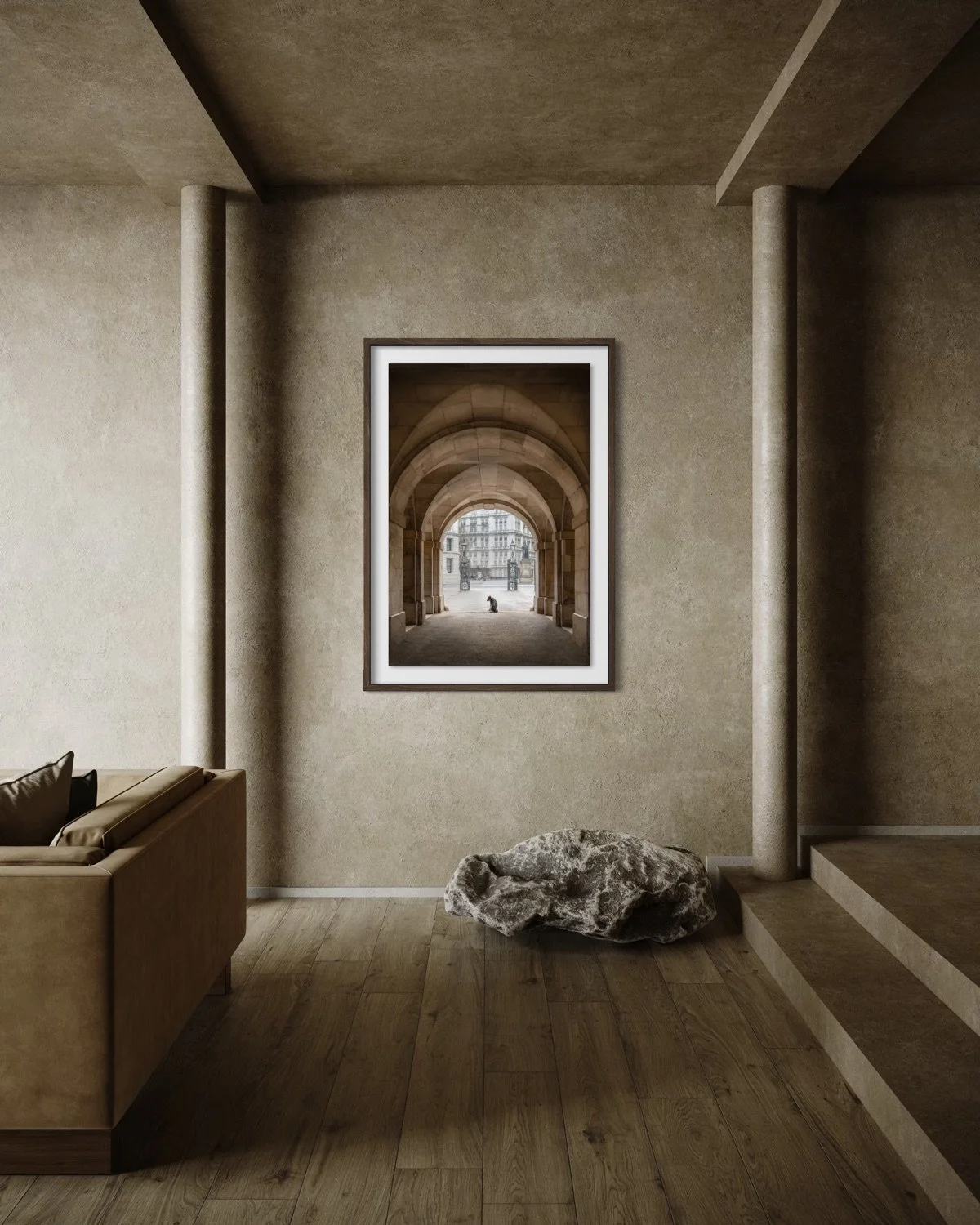 Framed fine art dog portrait created beneath London architecture and displayed as wall art in a contemporary home interior.