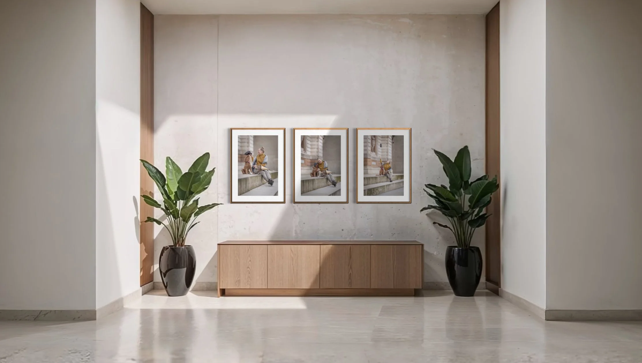 Three framed fine art dog portraits displayed together as wall art in a contemporary home interior, created from a private dog photography commission by Andrew Raven.