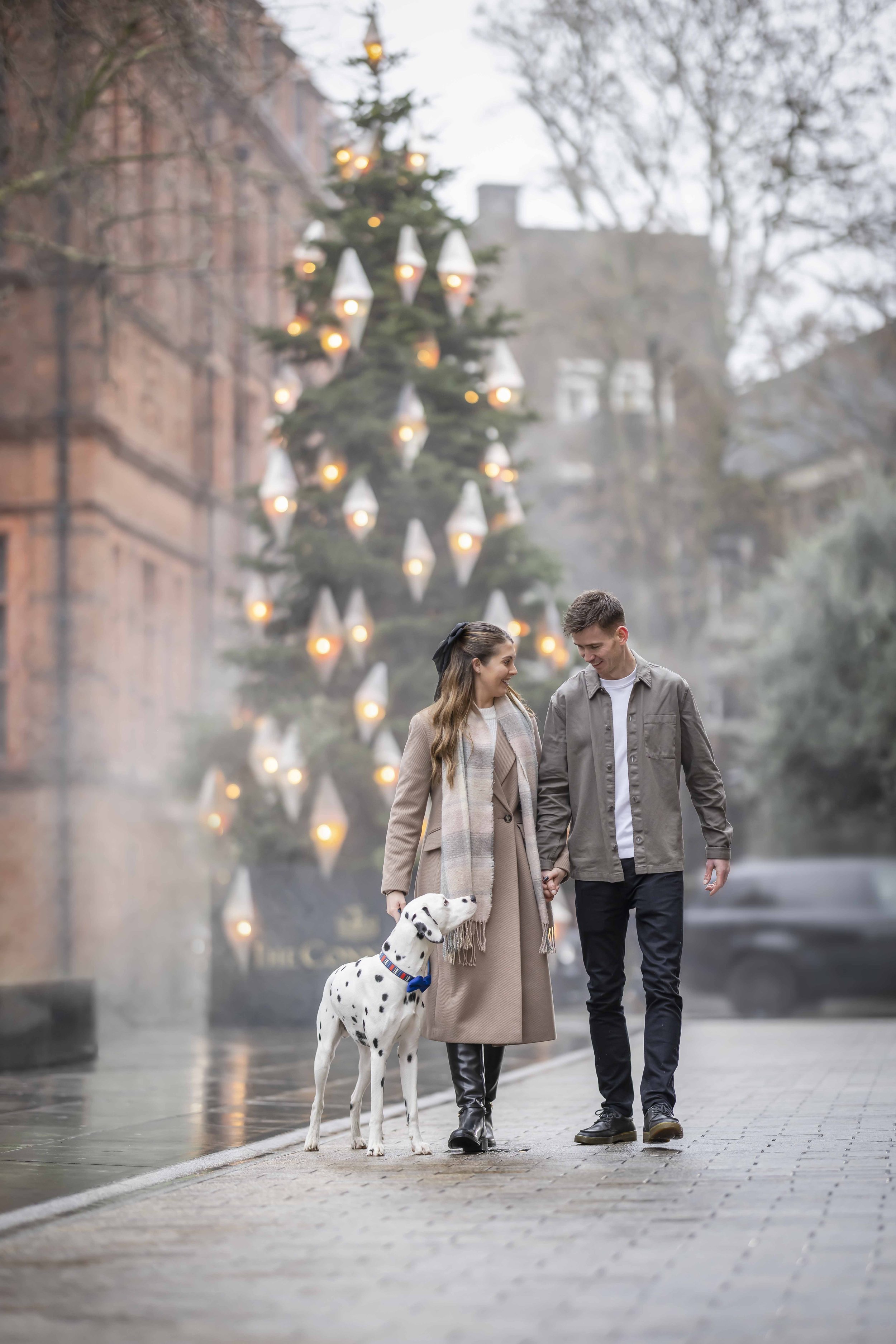 Dalmatian Obi walking with his family in front of The Connaught Christmas tree in Mayfair, London, photographed by Andrew Raven.