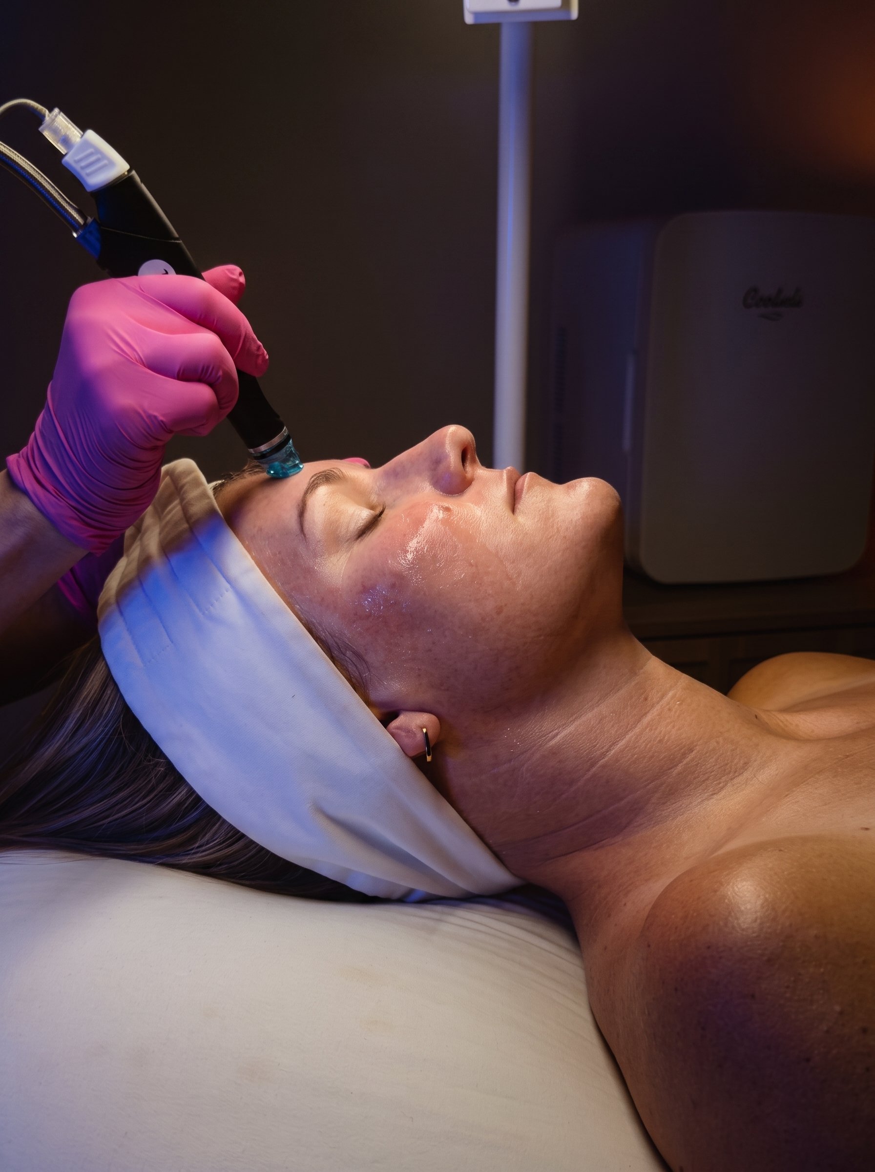 A woman receiving a facial treatment while lying down with eyes closed, head propped up on a pillow, in a spa or clinic setting.