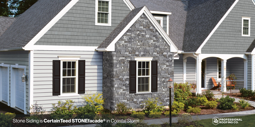 Stone-look vinyl accent panels on home exterior gable