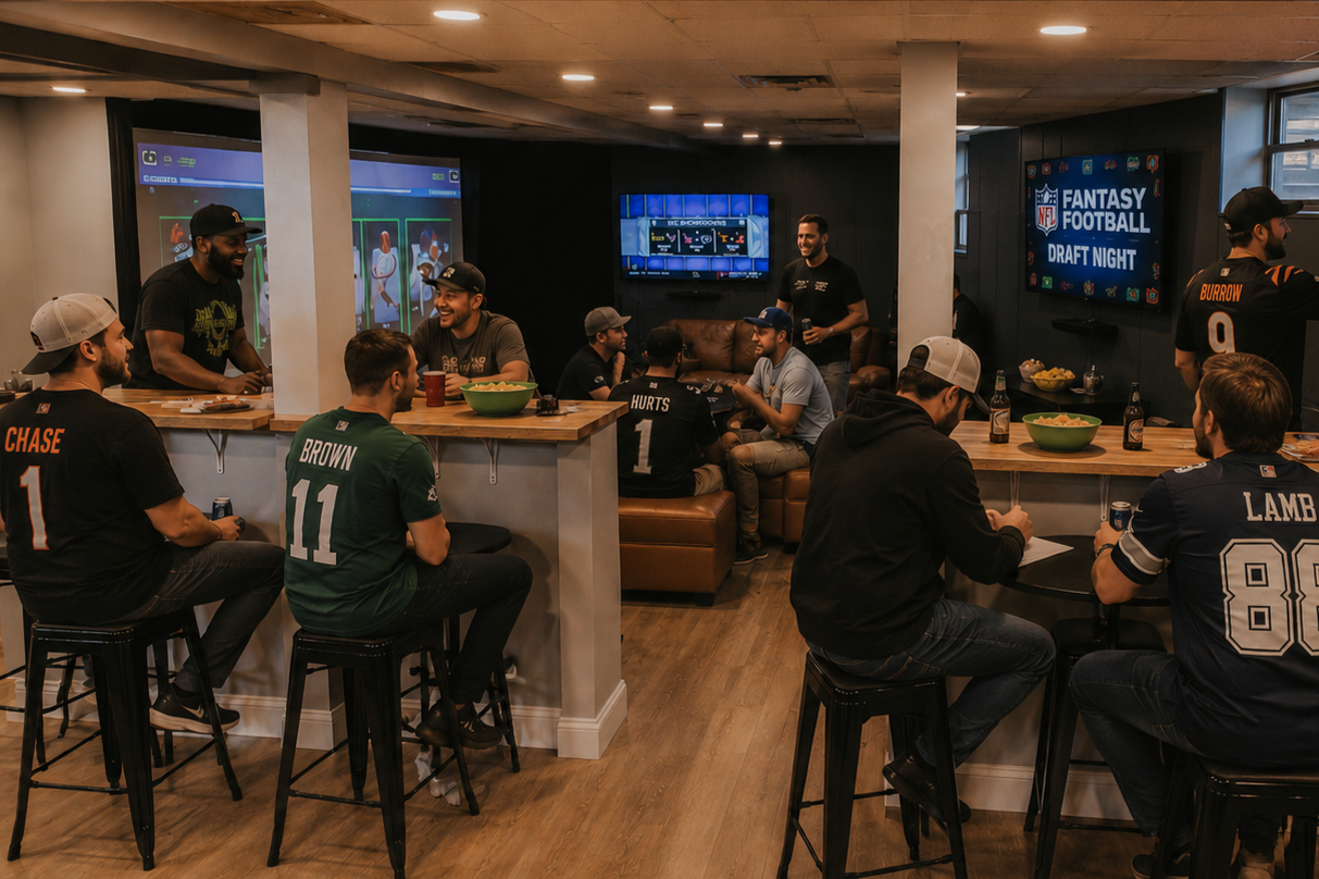 Group of people watching NFL football draft night on multiple screens in a bar-like setting, some wearing football jerseys, some sitting and chatting.
