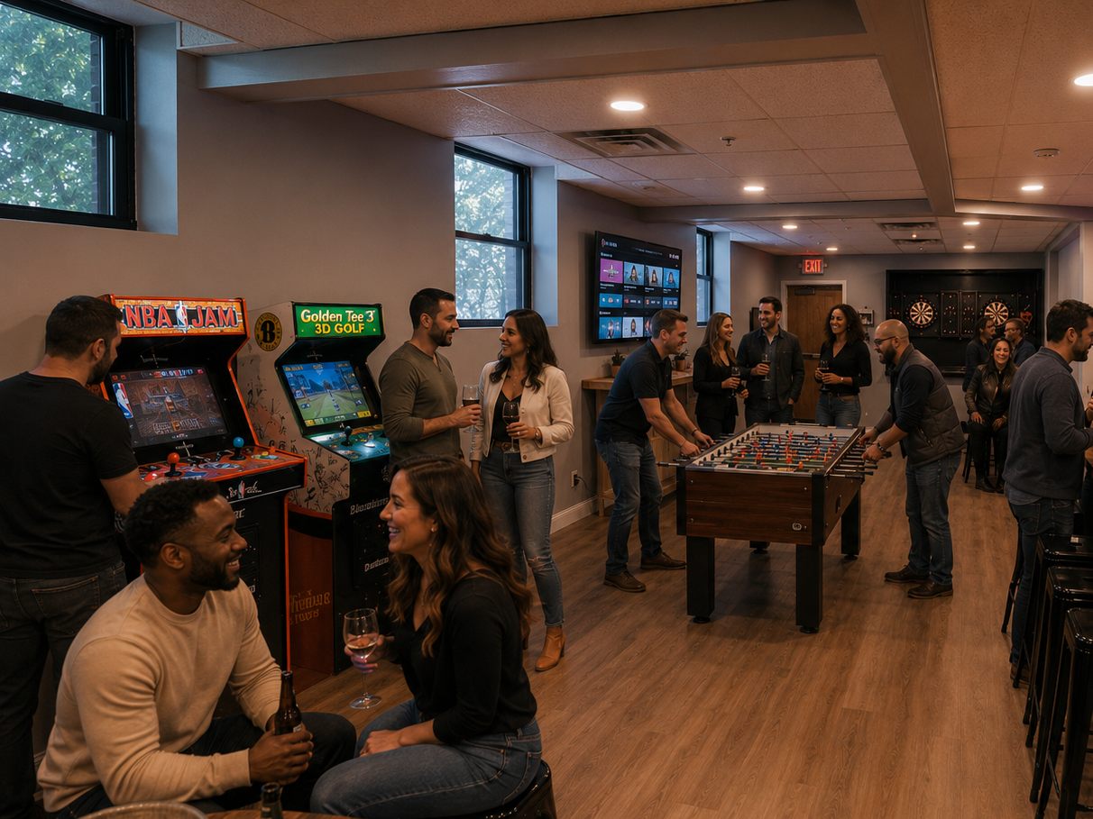 People socializing and playing arcade and table hockey games in a cozy game room with dartboards and large windows.