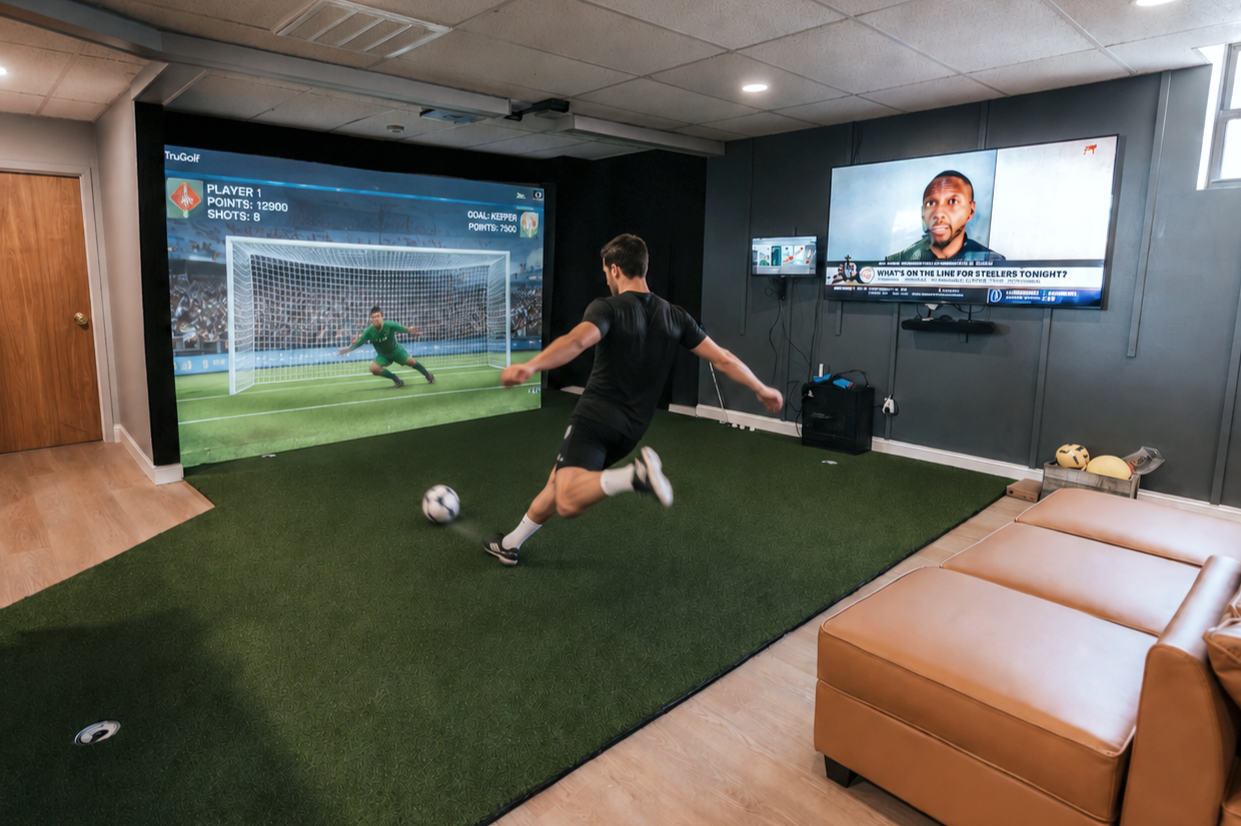 Man plays virtual soccer goalkeeping game in a home entertainment room with wall-mounted screen and TV