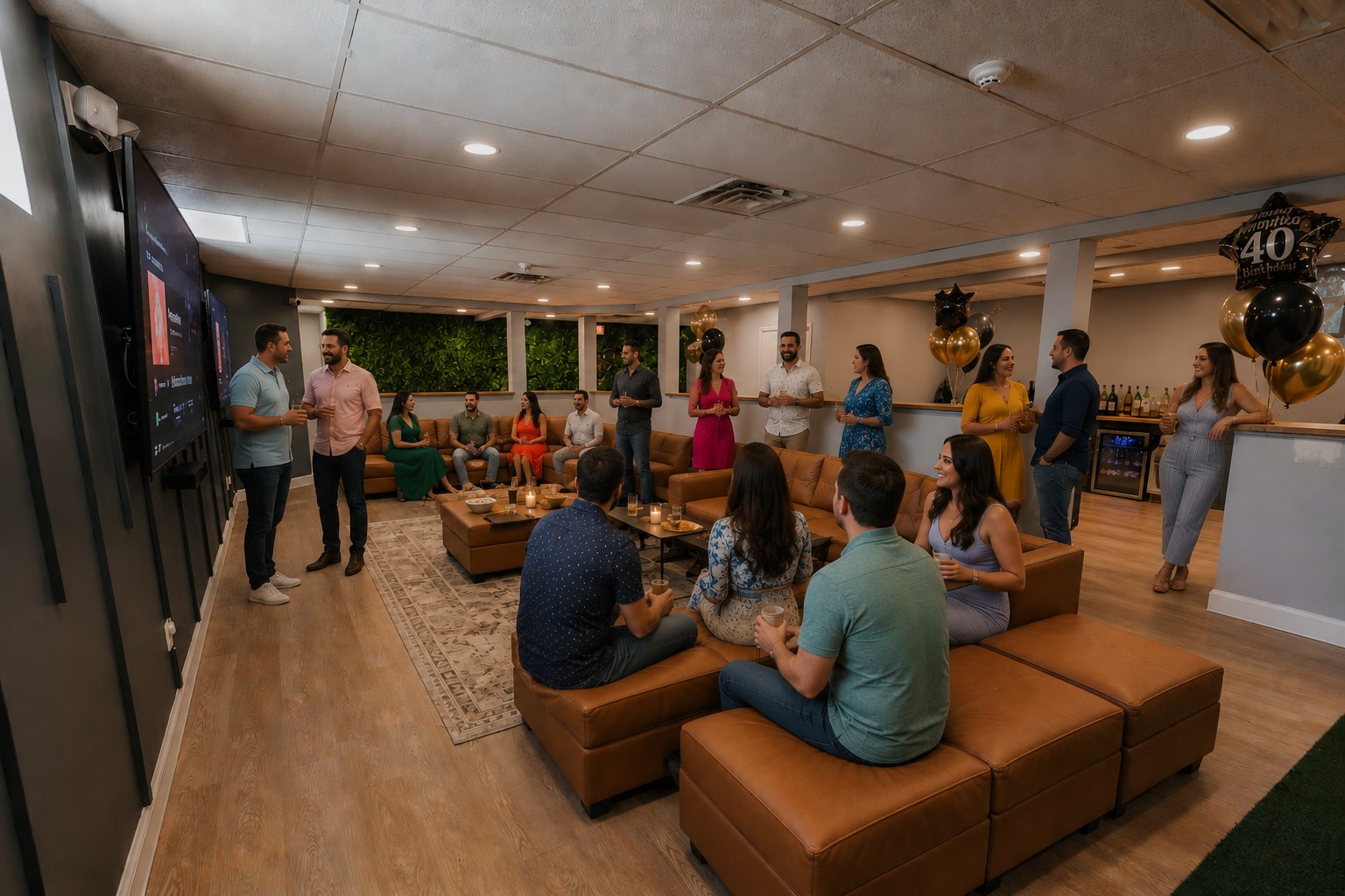 People gathered in a living room celebrating with drinks, balloons, and decorations for a birthday party.