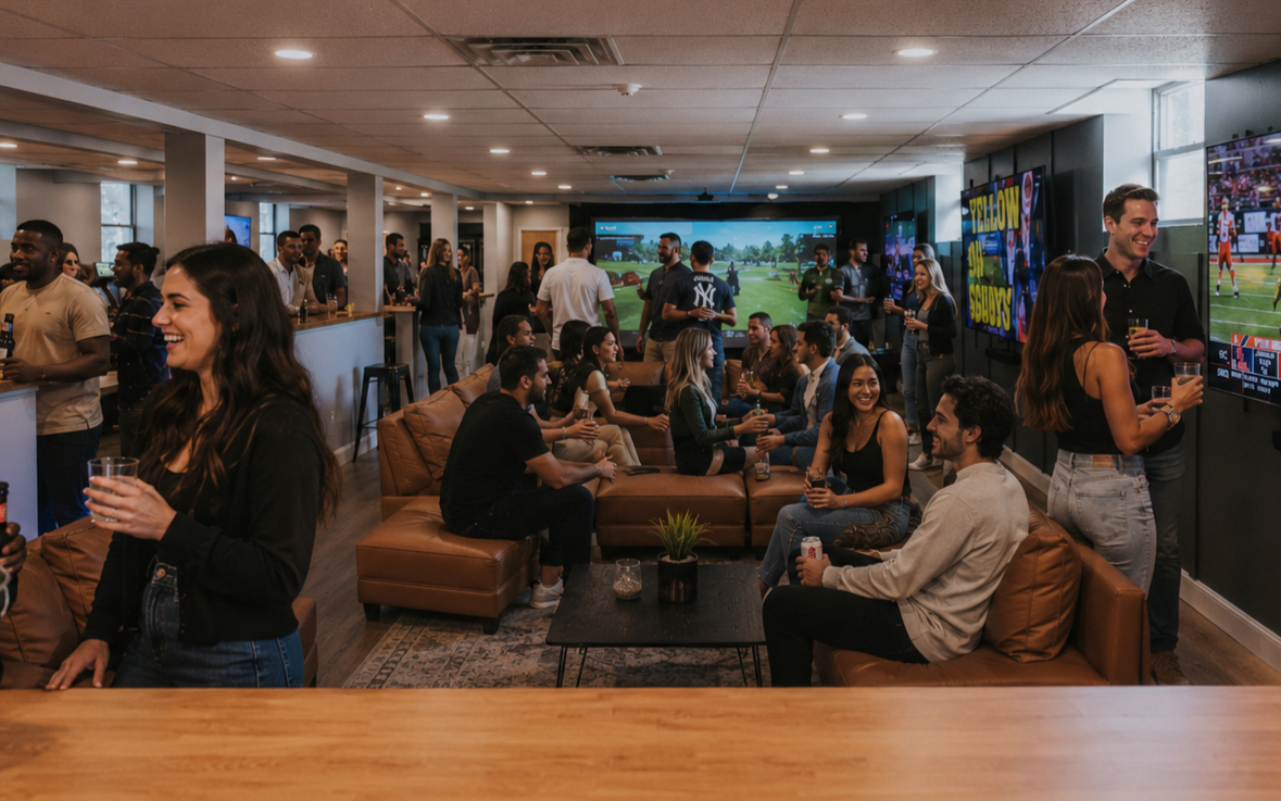 People socializing in a bar or lounge with multiple TV screens showing sports.