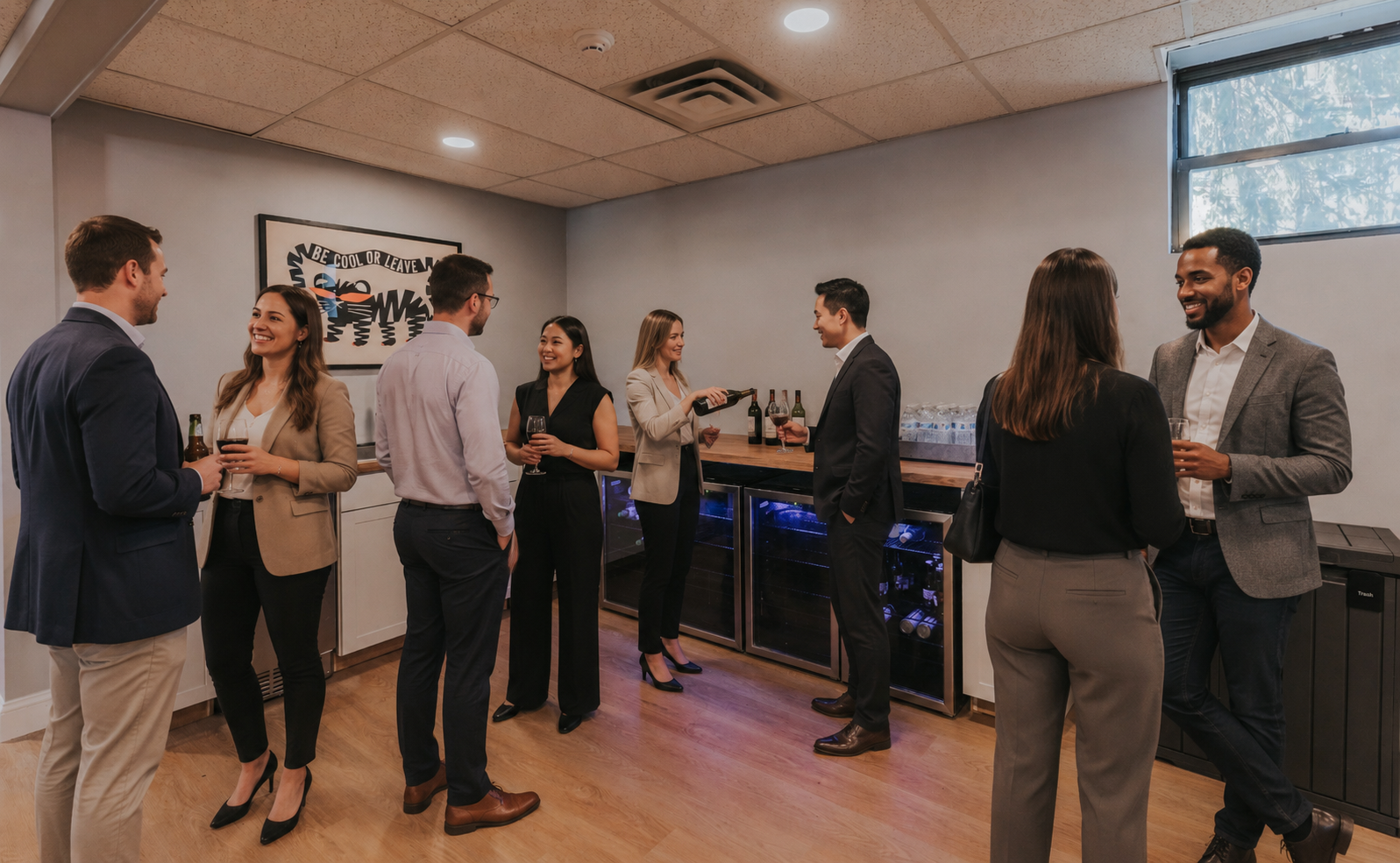 Group of eight business professionals socializing at a networking event in a modern room with wooden floors, drinks in hand, and a bar with wine and water bottles in the background.