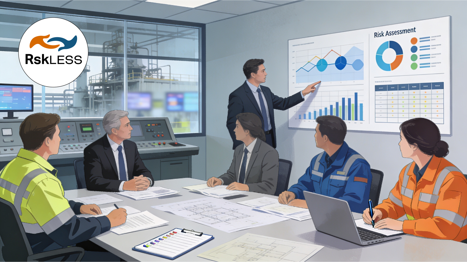 Executives and safety professionals in a board room looking at a chart