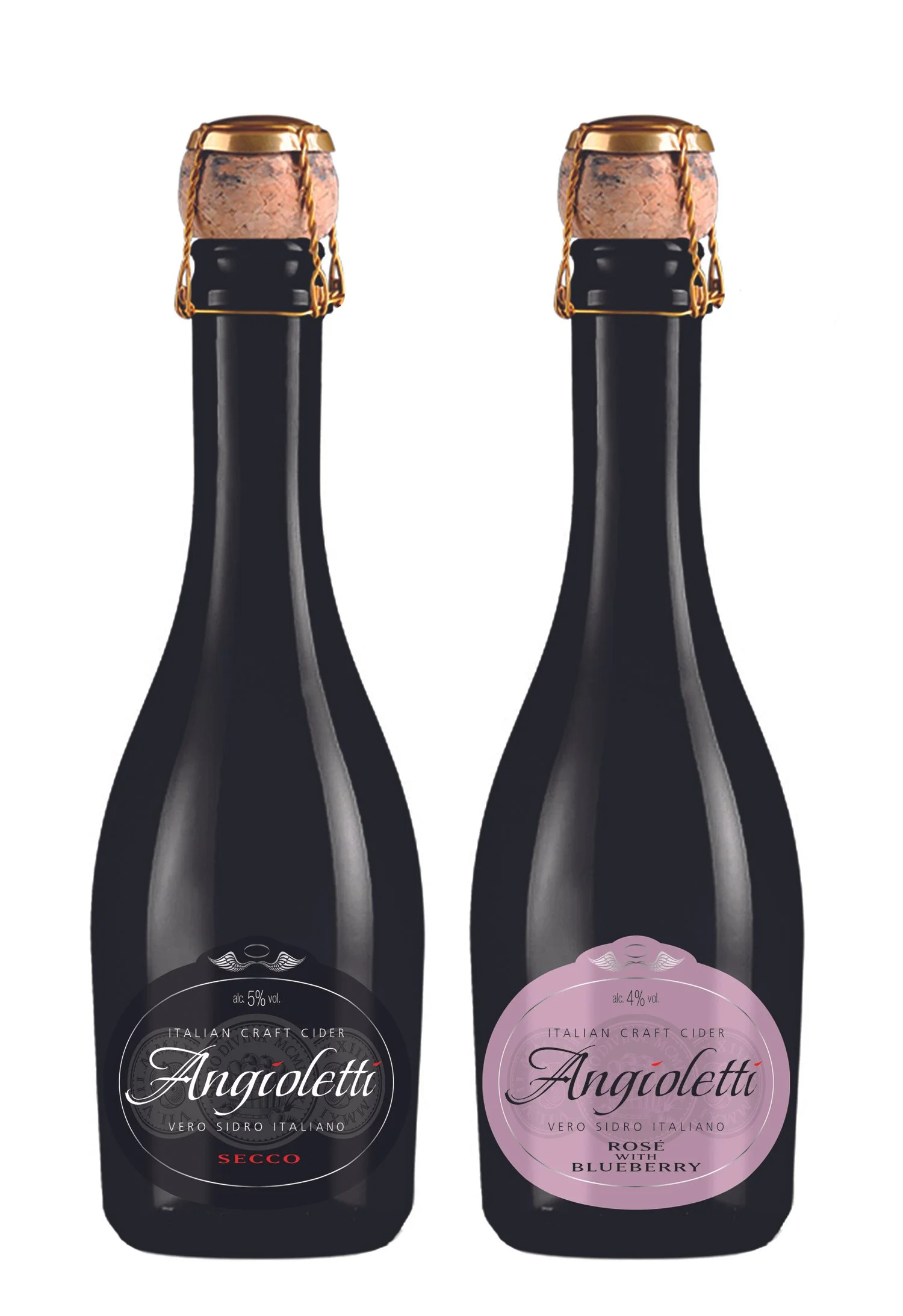 Two bottles of Angielette Italian craft cider, one Secco and one Rosé with Blueberry, with black glass and gold foil caps, against a white background.